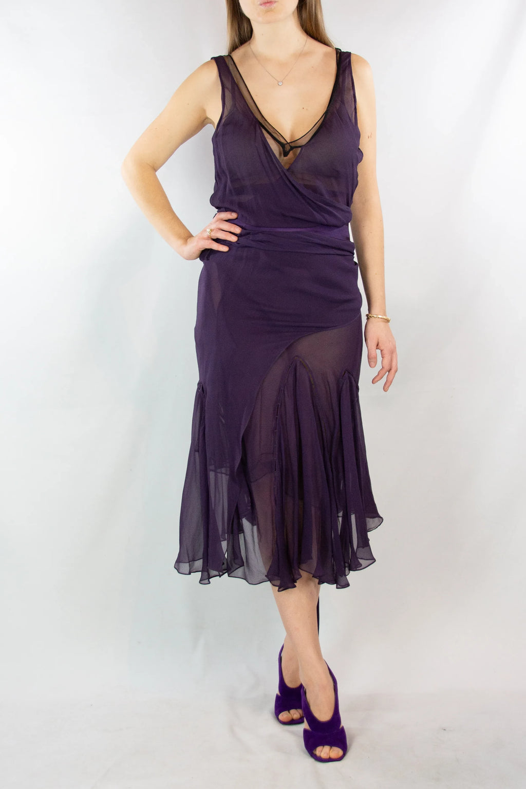 Purple Silk Gown with Wrap Detailing and Deep V-Neckline