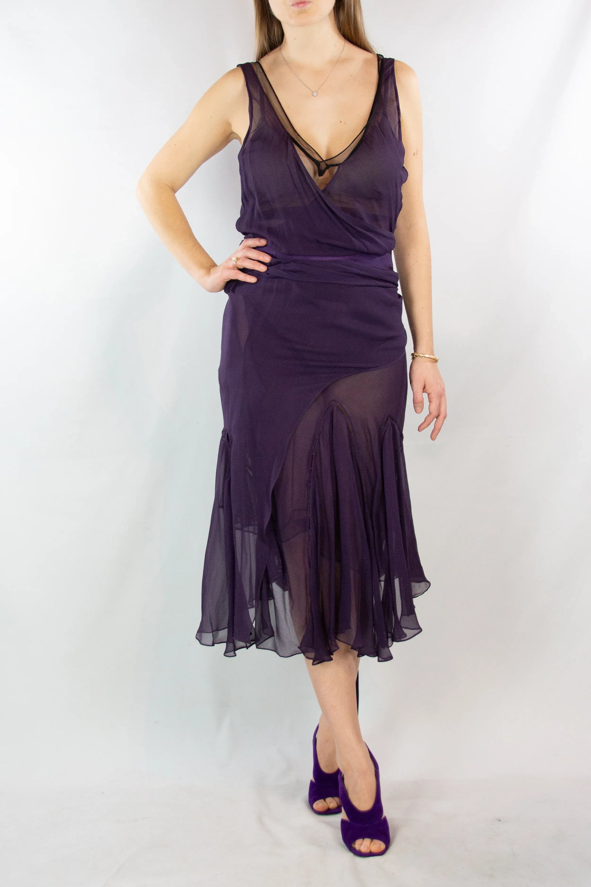 Purple Silk Gown with Wrap Detailing and Deep V-Neckline