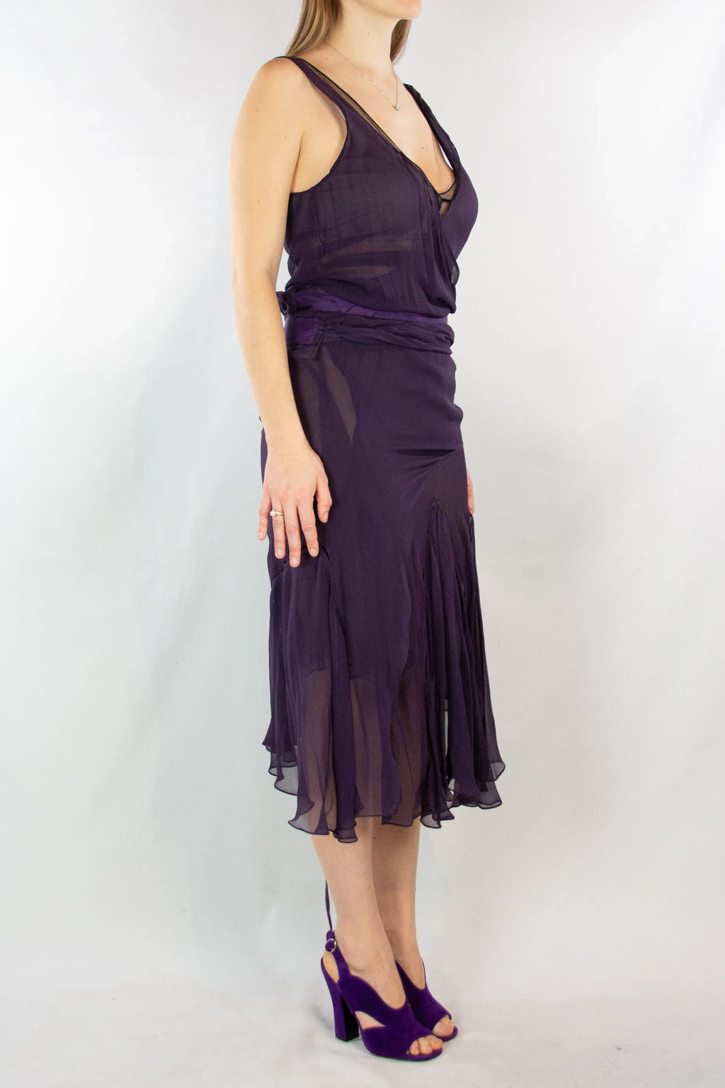 Purple Silk Gown with Wrap Detailing and Deep V-Neckline