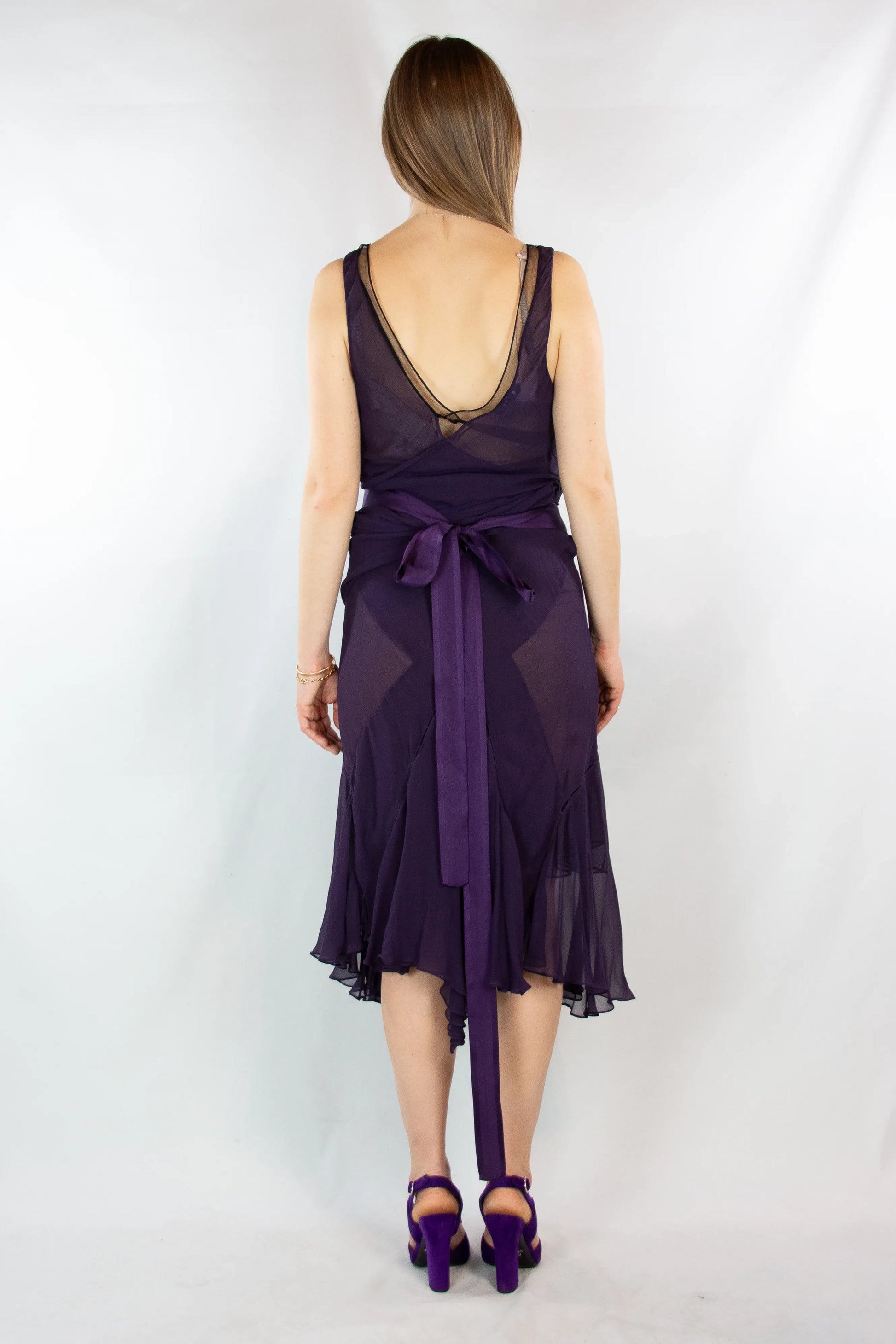Purple Silk Gown with Wrap Detailing and Deep V-Neckline