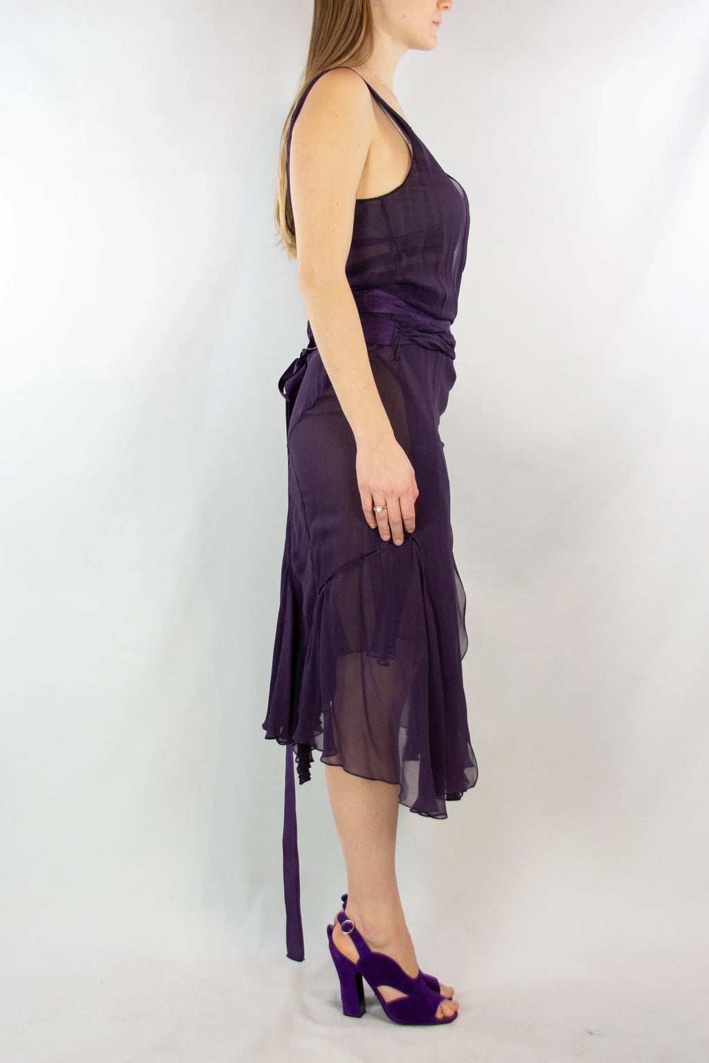 Purple Silk Gown with Wrap Detailing and Deep V-Neckline