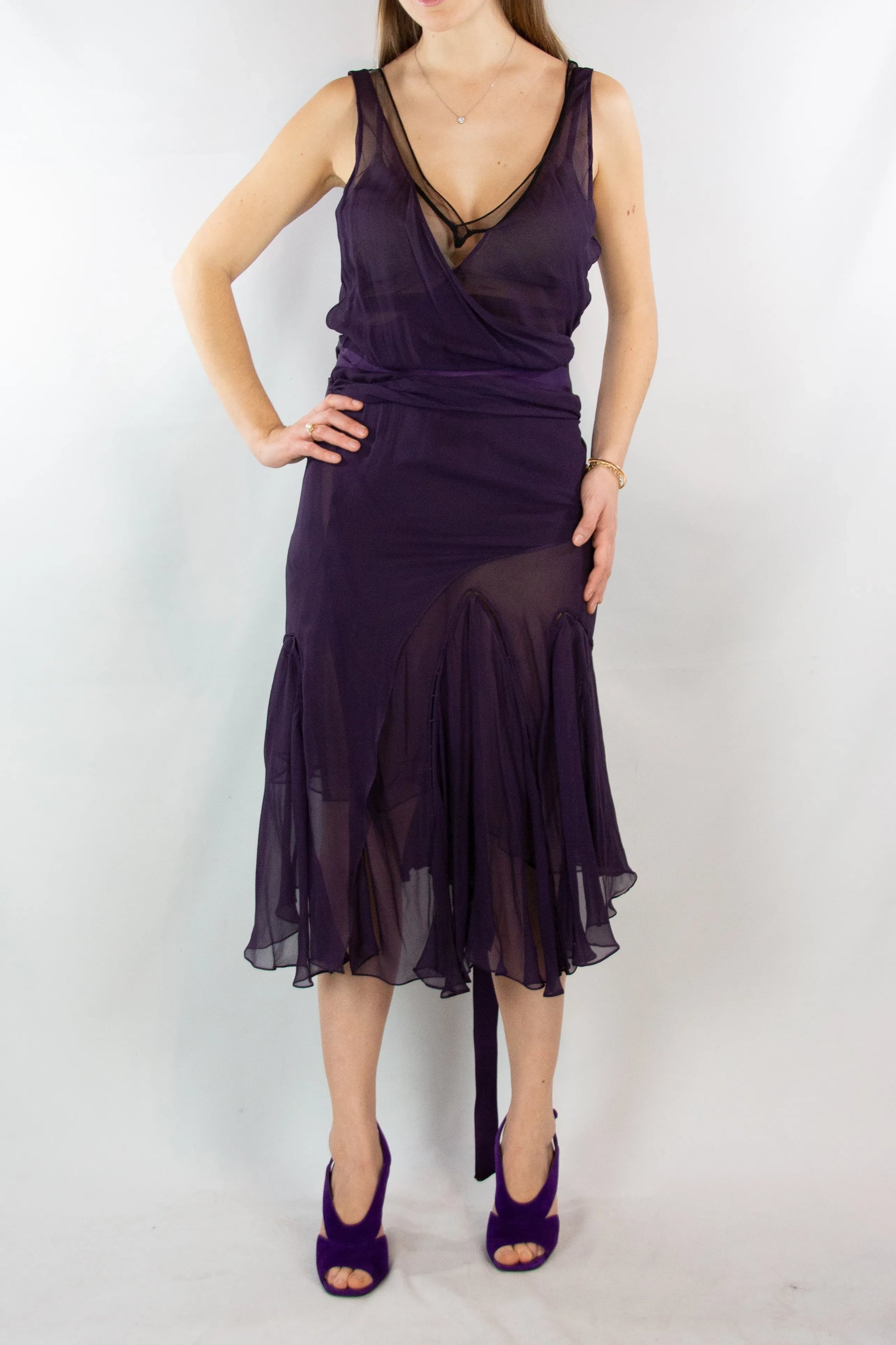 Purple Silk Gown with Wrap Detailing and Deep V-Neckline