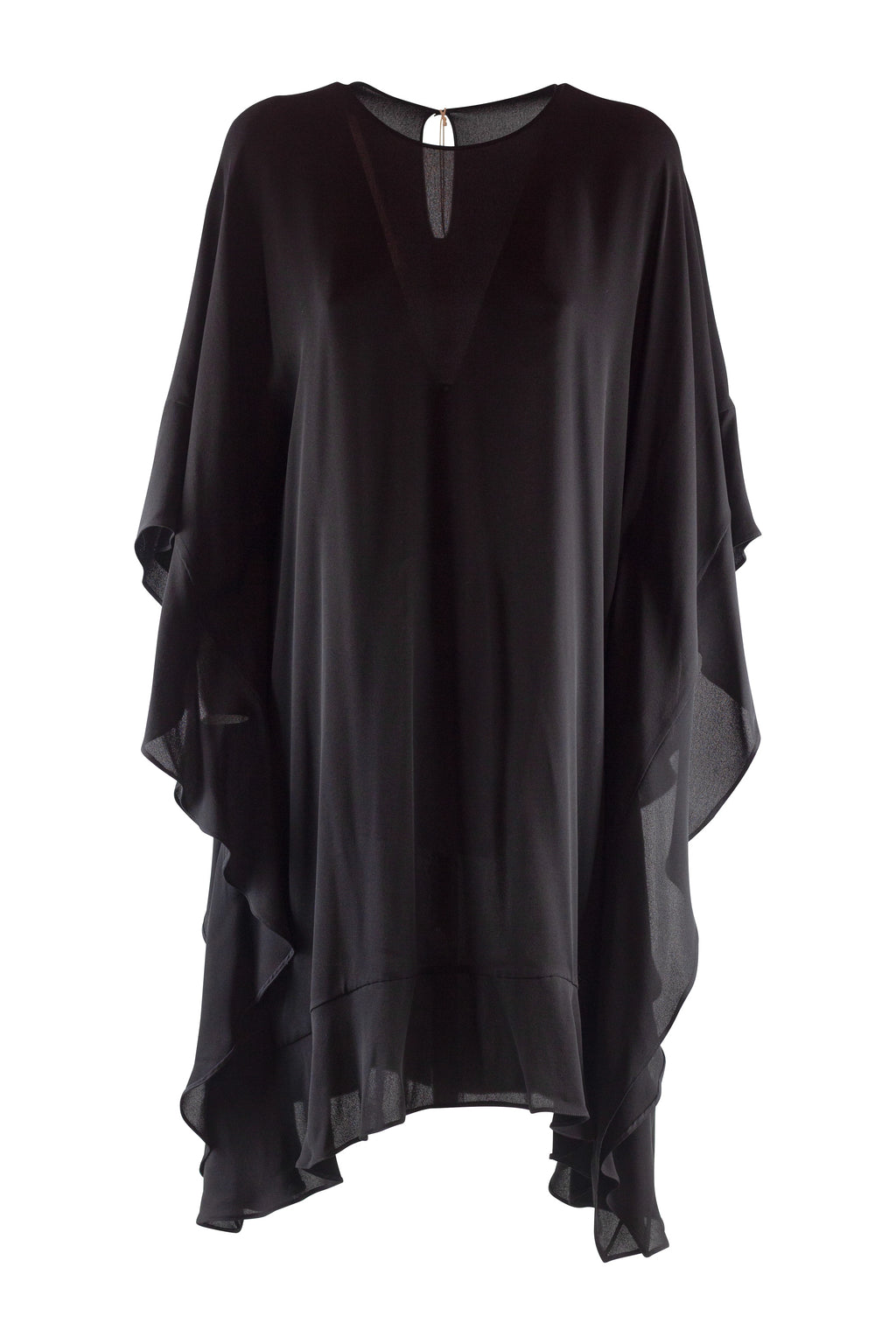 Black Silk Dress with Cape-Style Volants