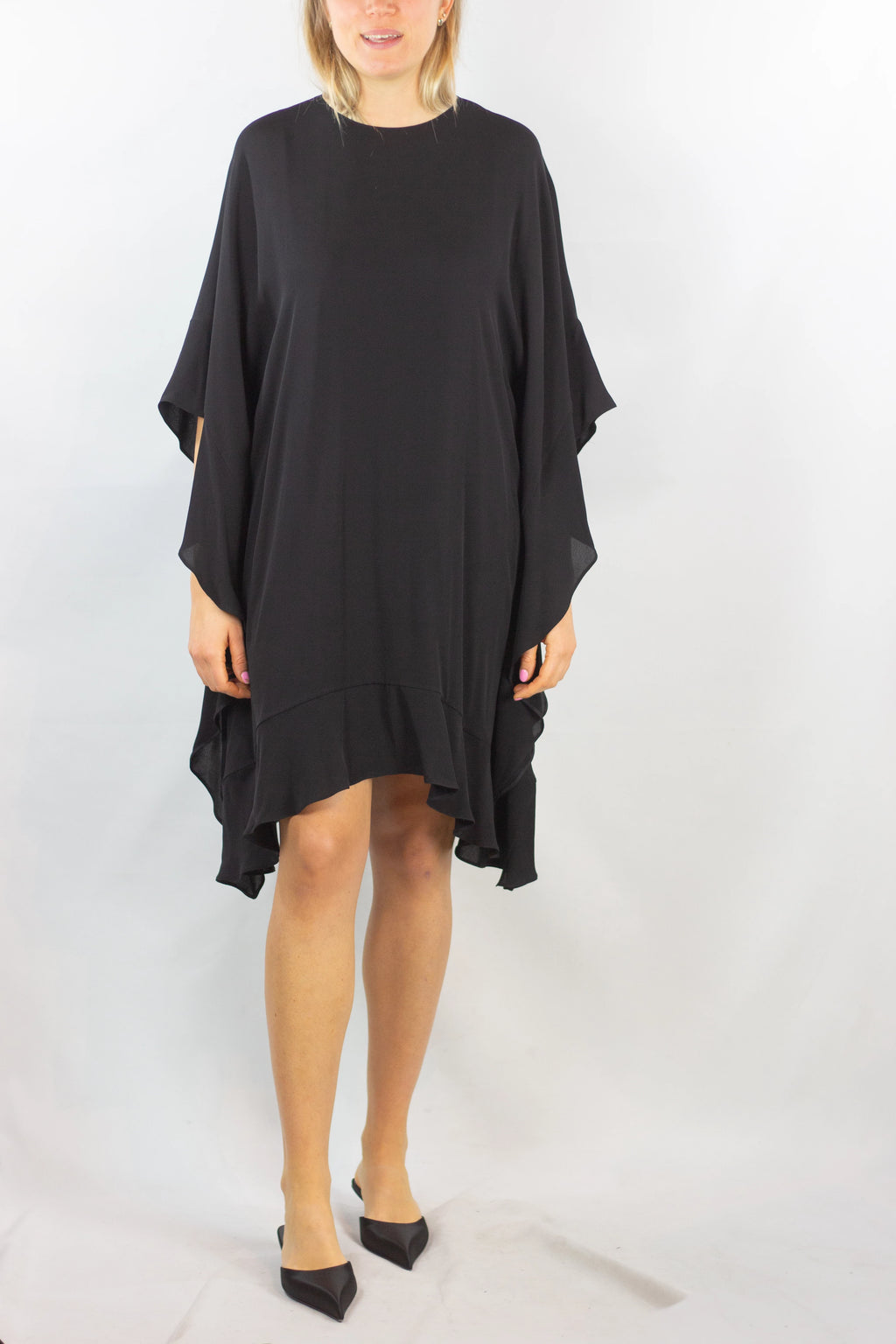 Black Silk Dress with Cape-Style Volants