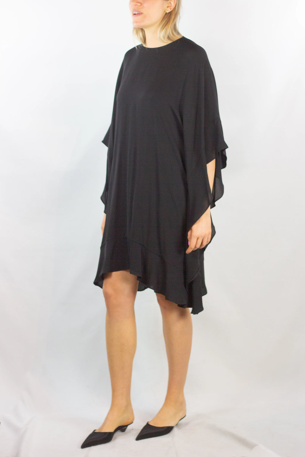 Black Silk Dress with Cape-Style Volants