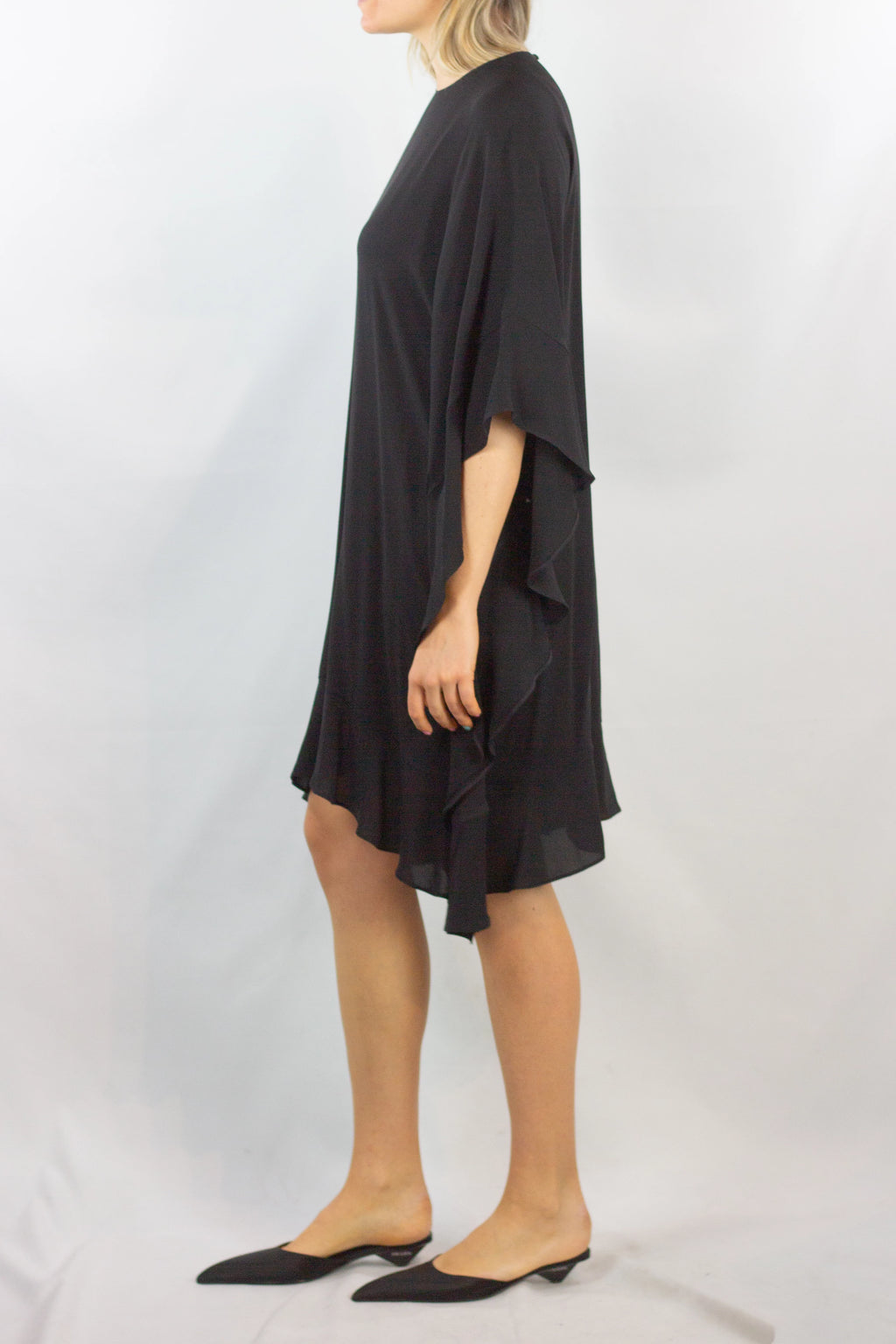 Black Silk Dress with Cape-Style Volants