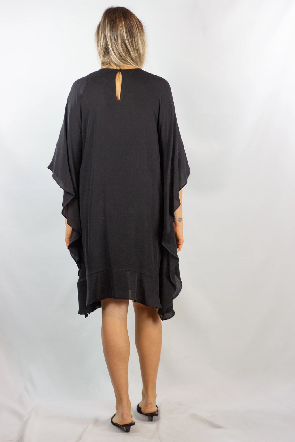 Black Silk Dress with Cape-Style Volants