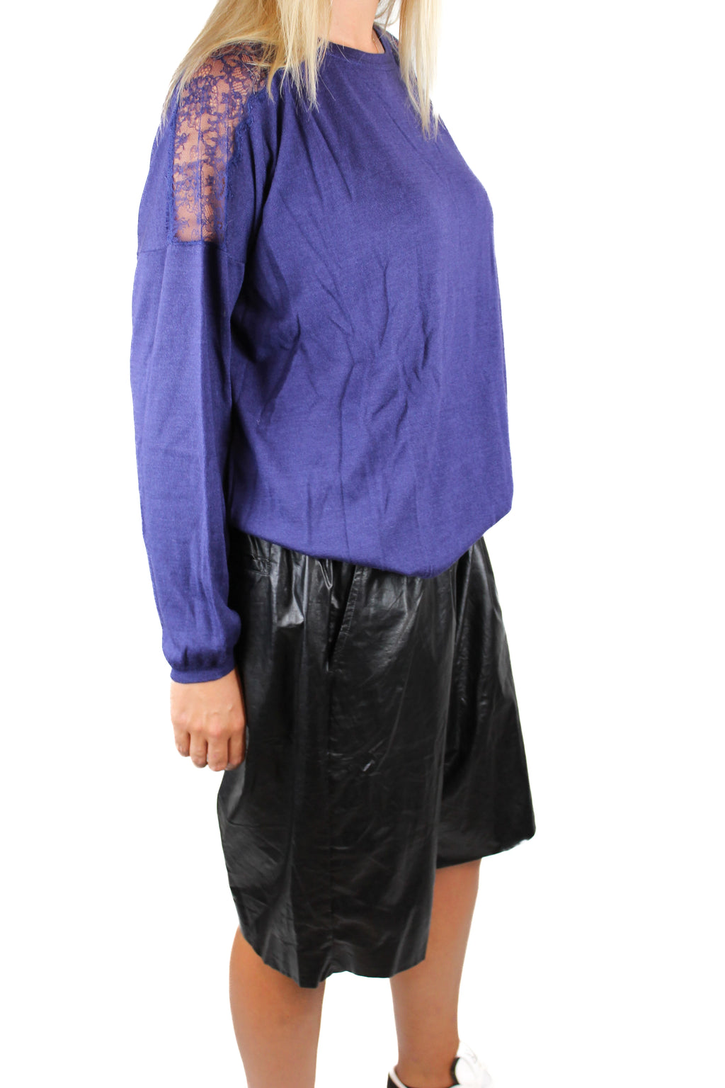 Electric Blue Cashmere Sweater with Lace Shoulder Inserts