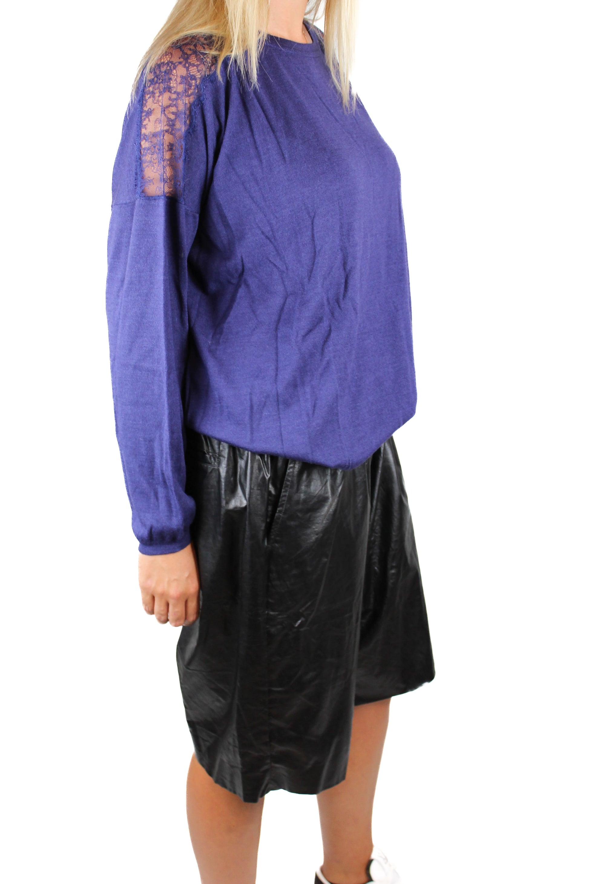 Electric Blue Cashmere Sweater with Lace Shoulder Inserts