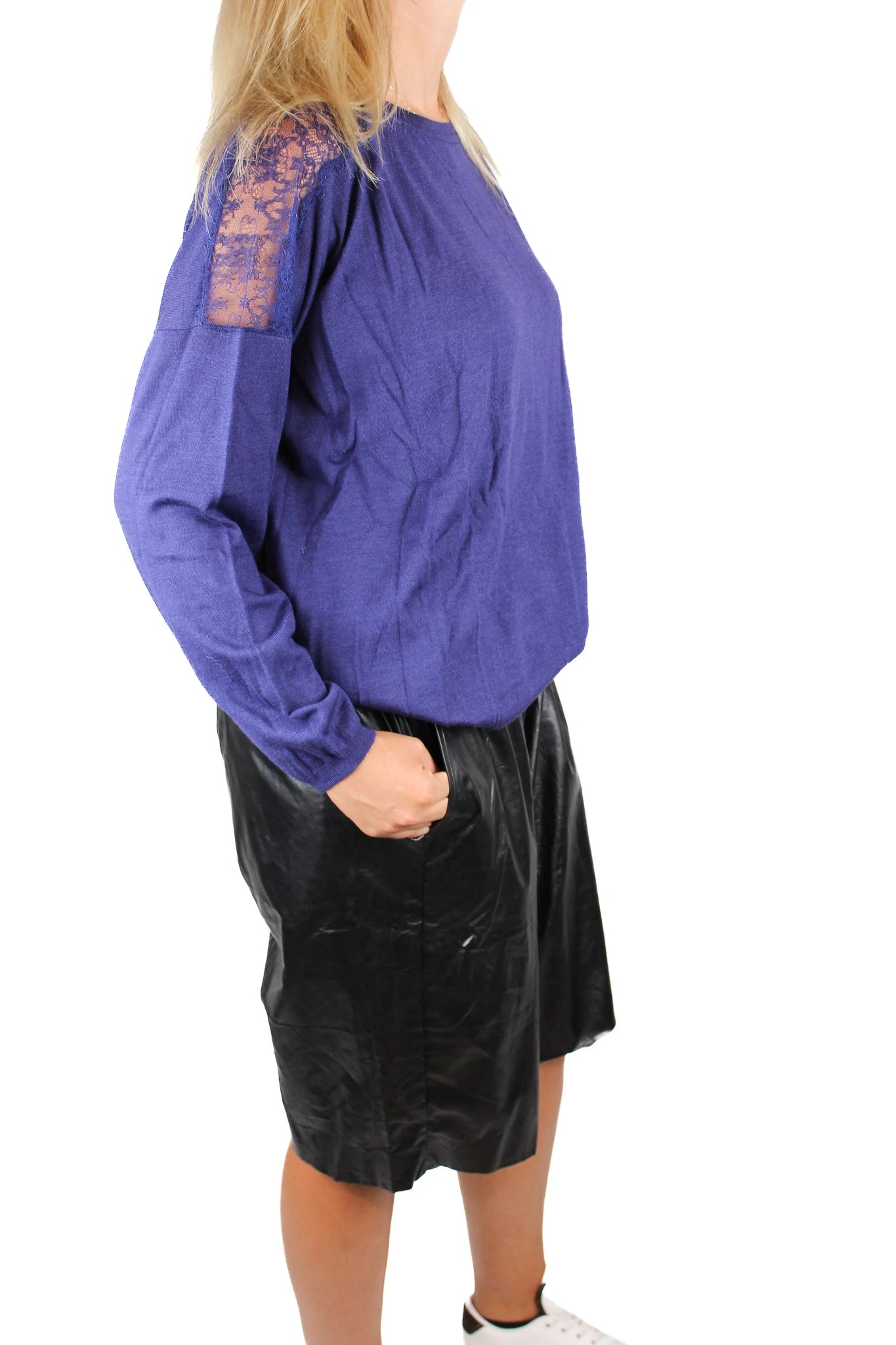 Electric Blue Cashmere Sweater with Lace Shoulder Inserts