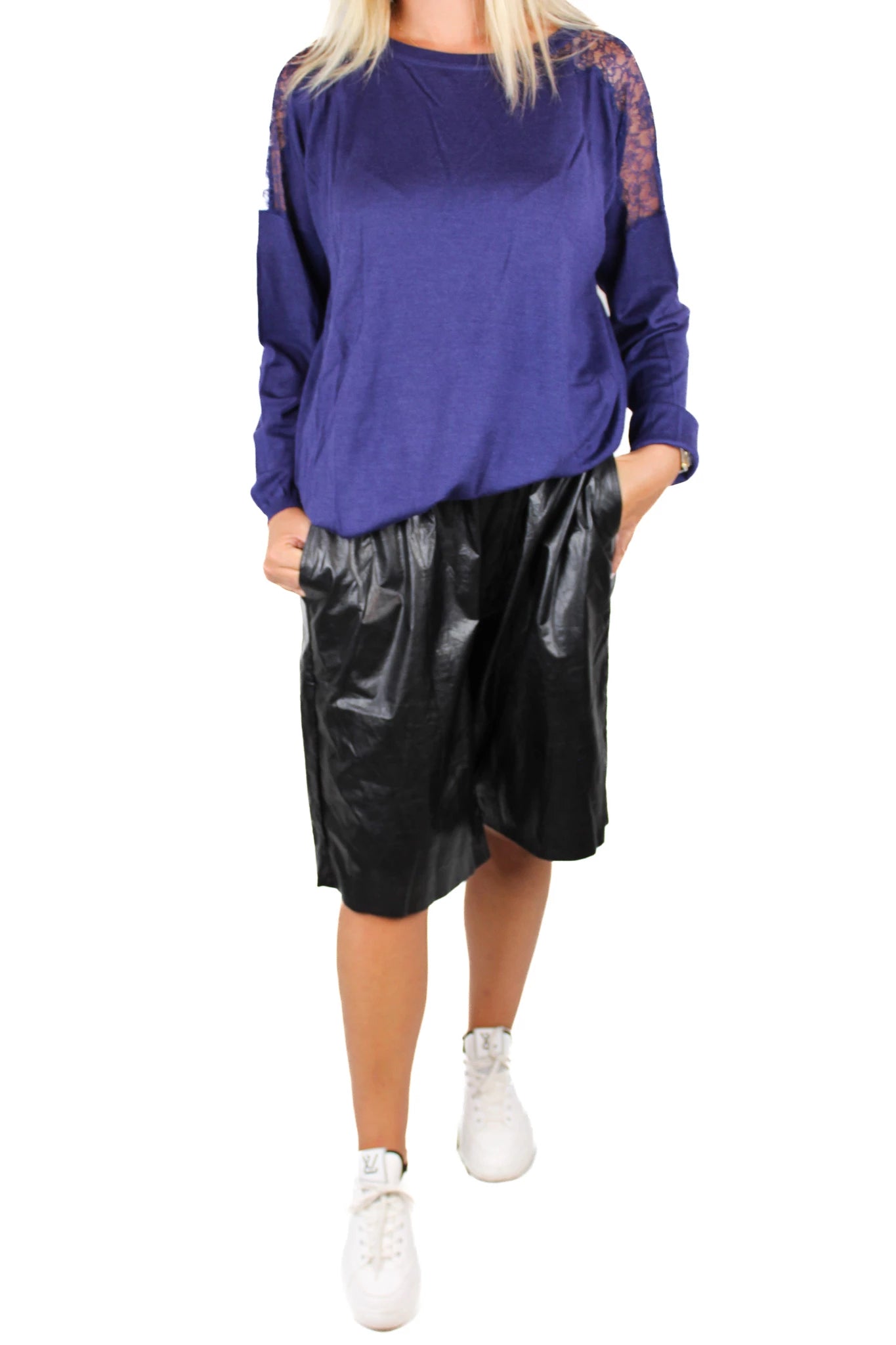 Electric Blue Cashmere Sweater with Lace Shoulder Inserts
