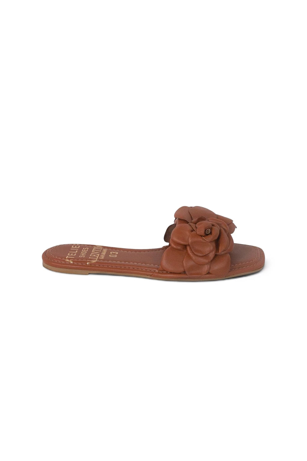 Tan Leather Flat Slippers with Rose Detail