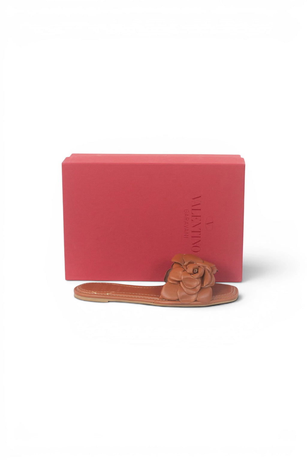 Tan Leather Flat Slippers with Rose Detail