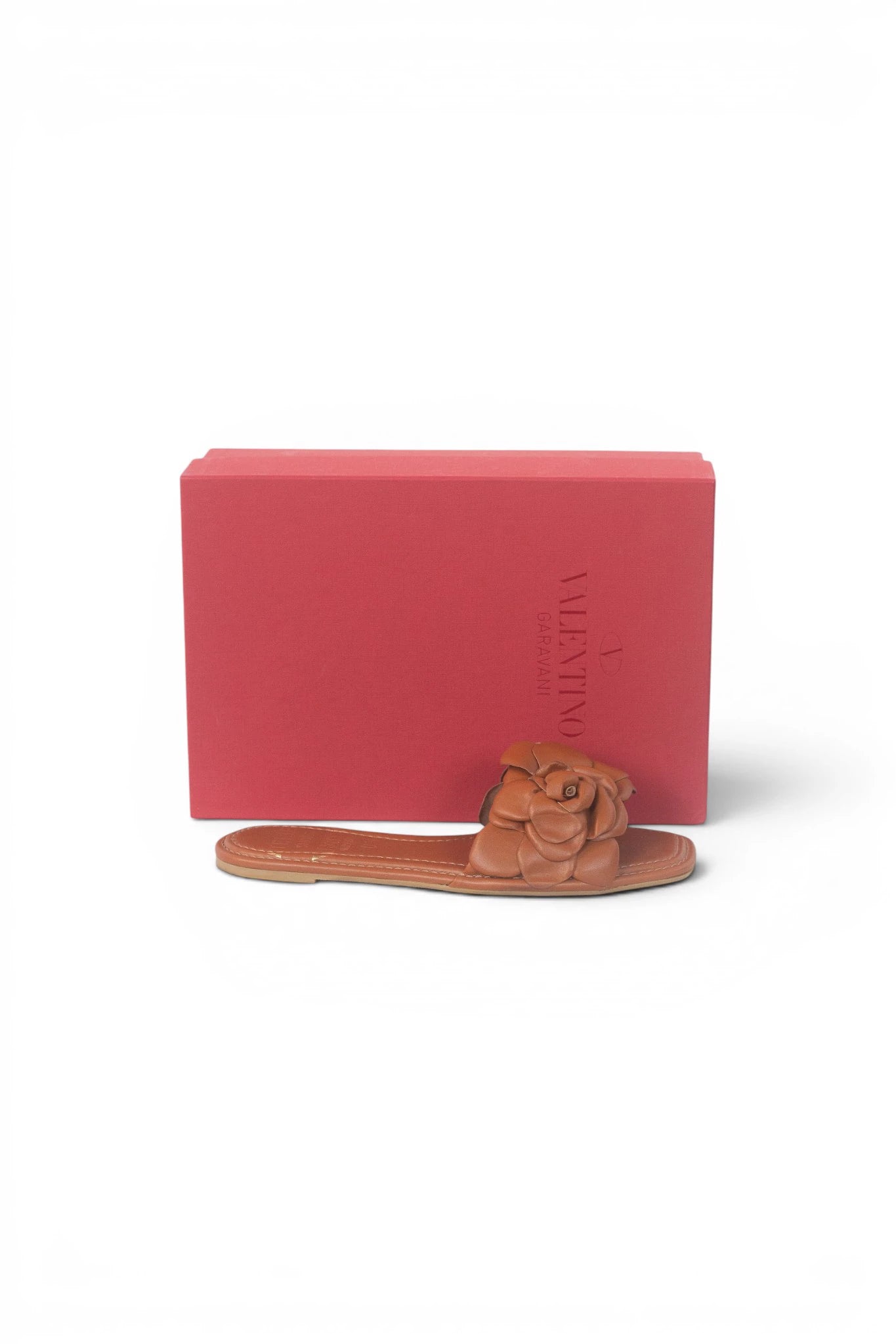 Tan Leather Flat Slippers with Rose Detail