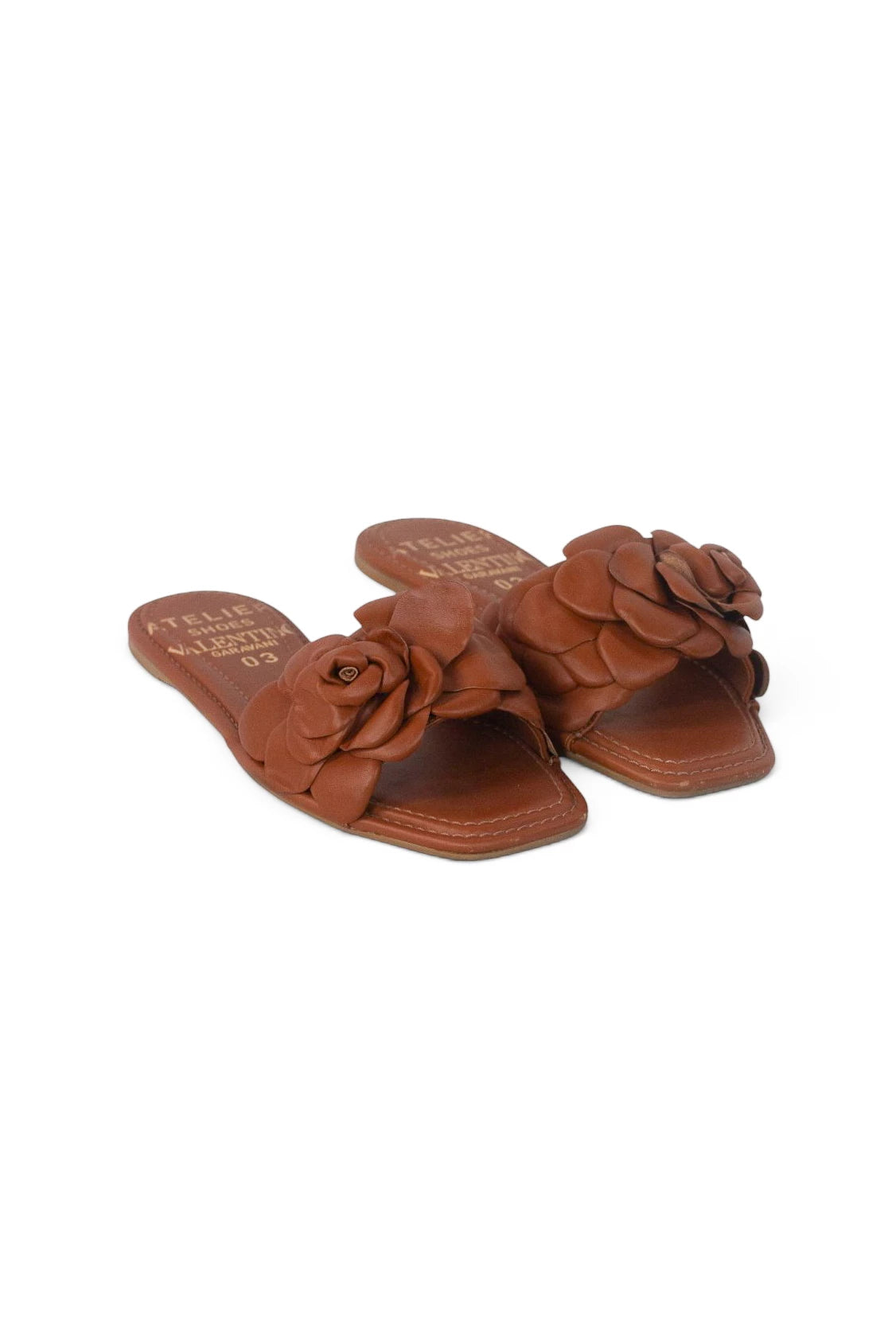 Tan Leather Flat Slippers with Rose Detail