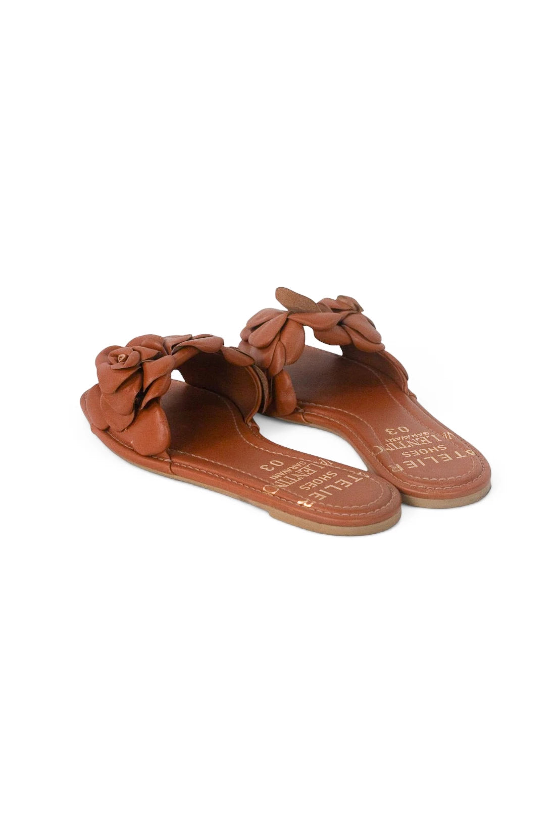 Tan Leather Flat Slippers with Rose Detail