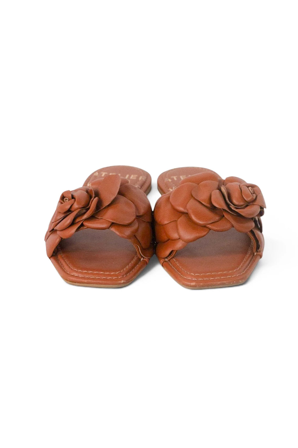 Tan Leather Flat Slippers with Rose Detail