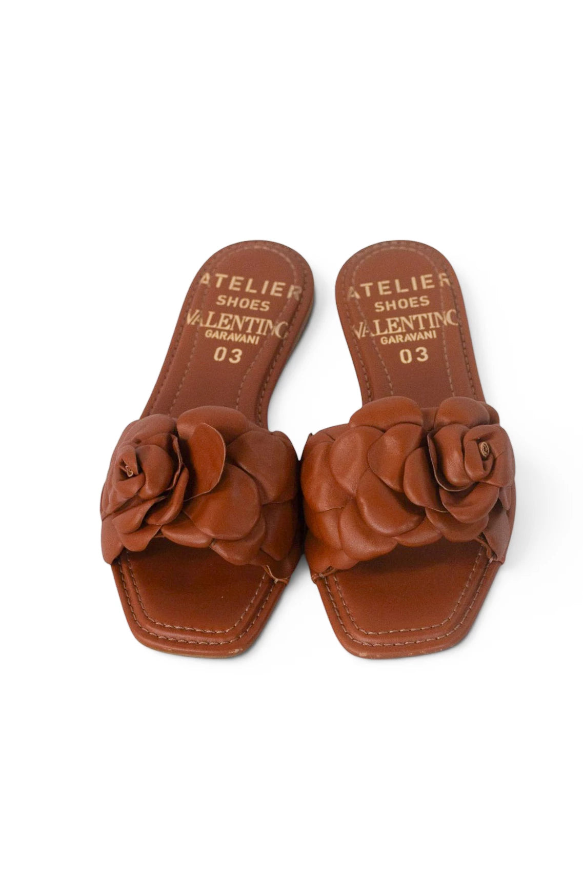 Tan Leather Flat Slippers with Rose Detail