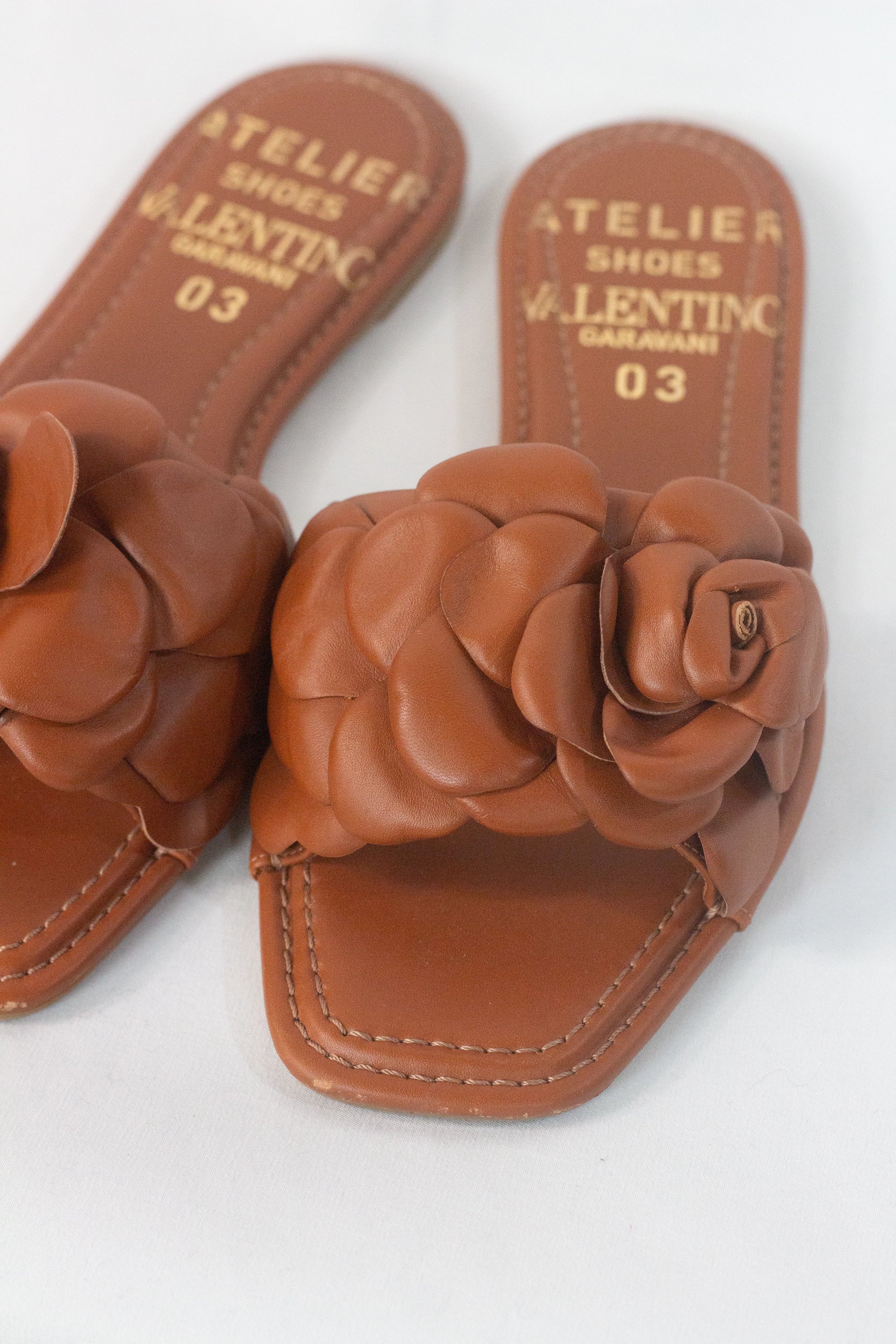 Tan Leather Flat Slippers with Rose Detail