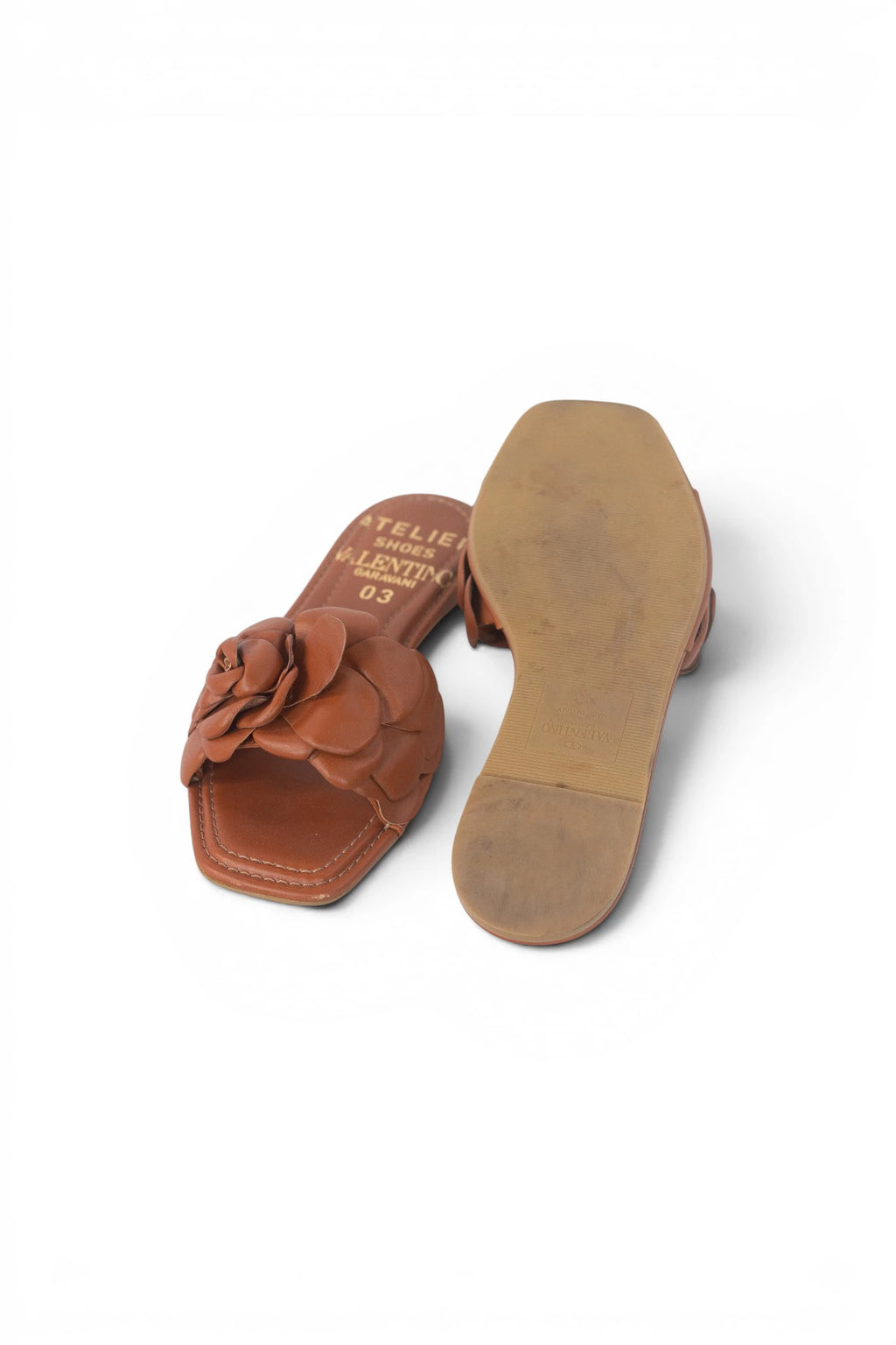 Tan Leather Flat Slippers with Rose Detail