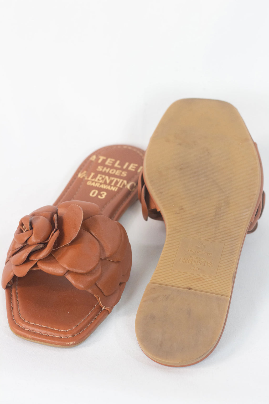 Tan Leather Flat Slippers with Rose Detail