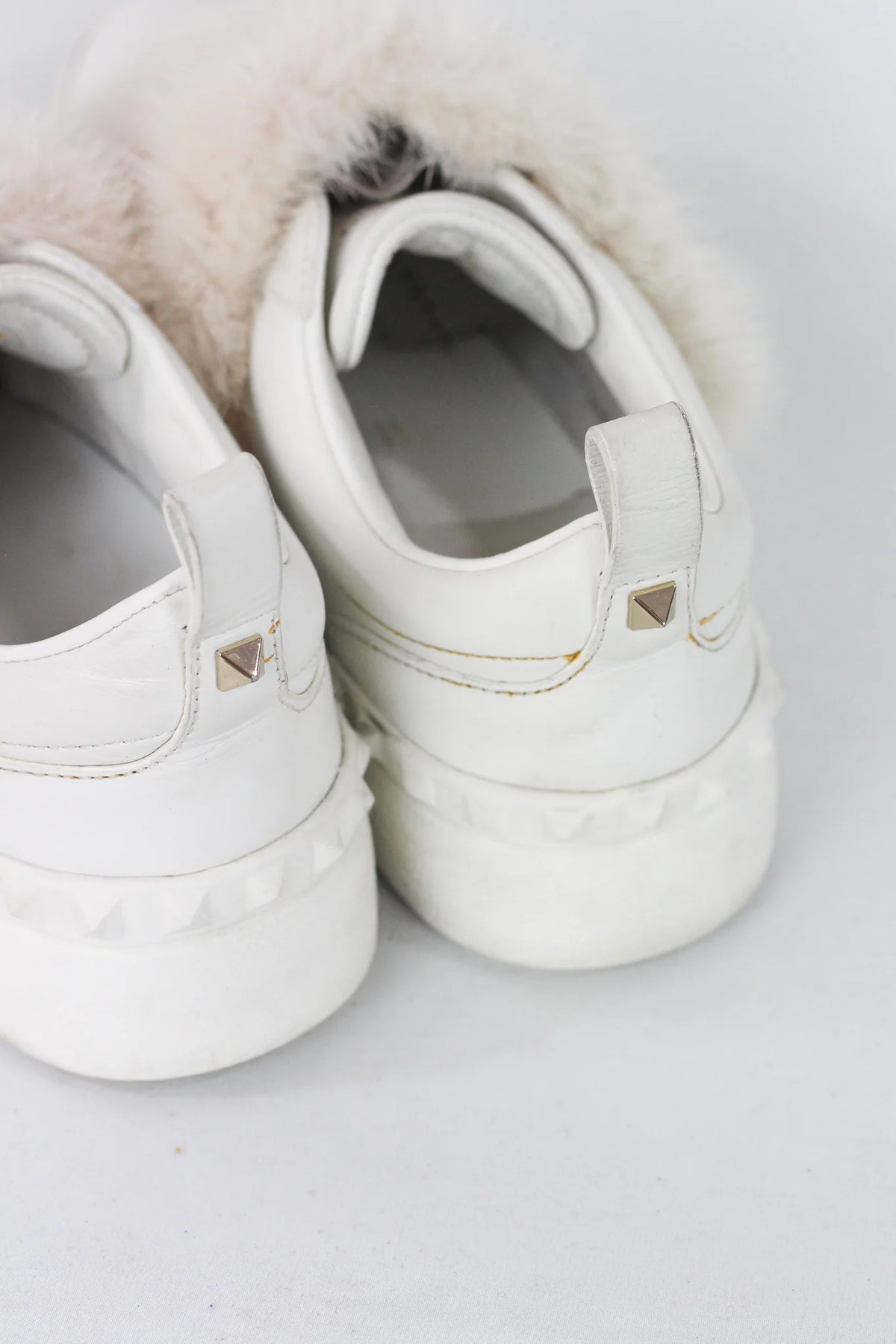 Rockstud Fur-Trim Slip-On Leather Sneakers