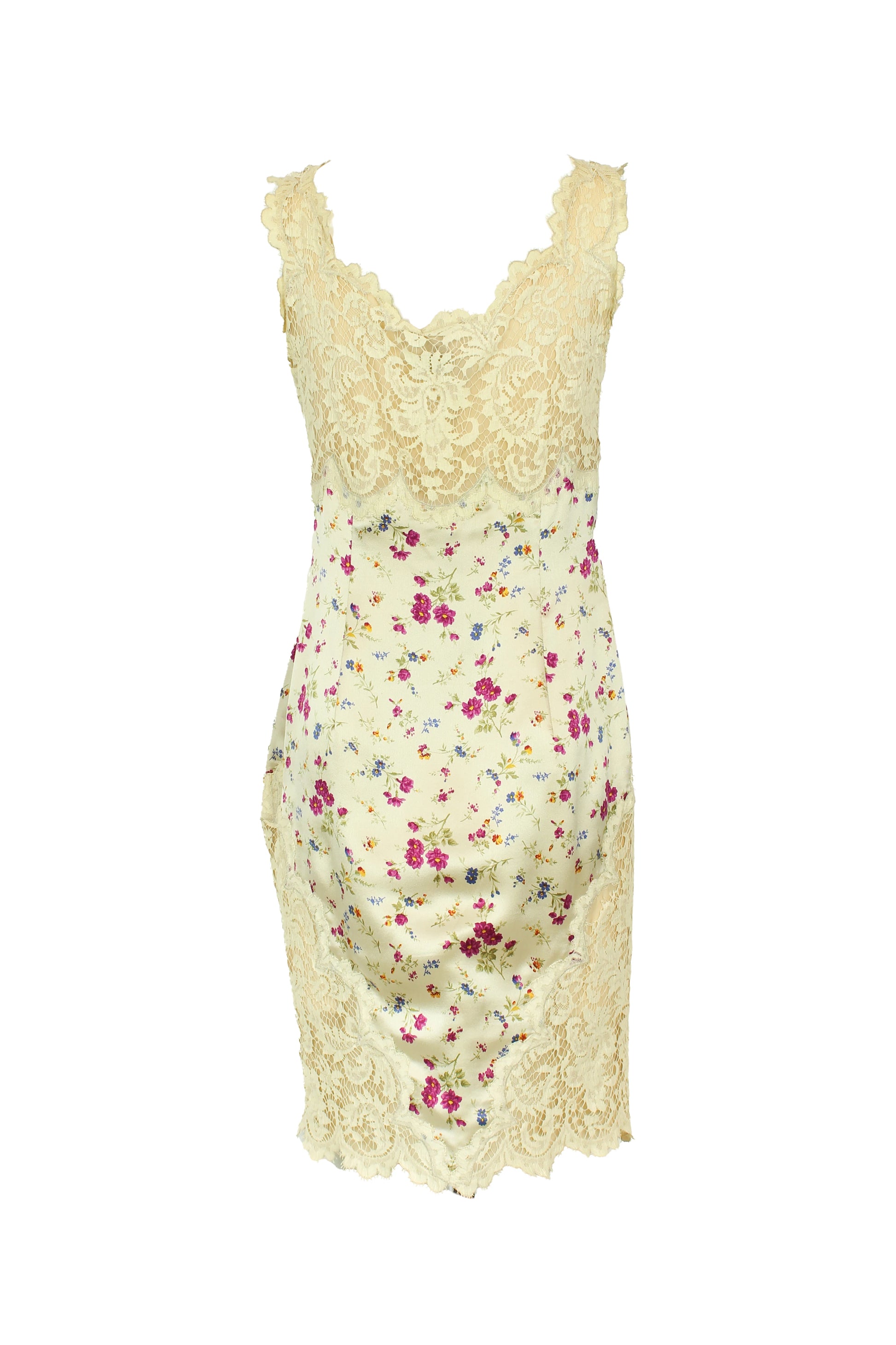 Vintage Silk Slip Dress with Lace and Floral Print