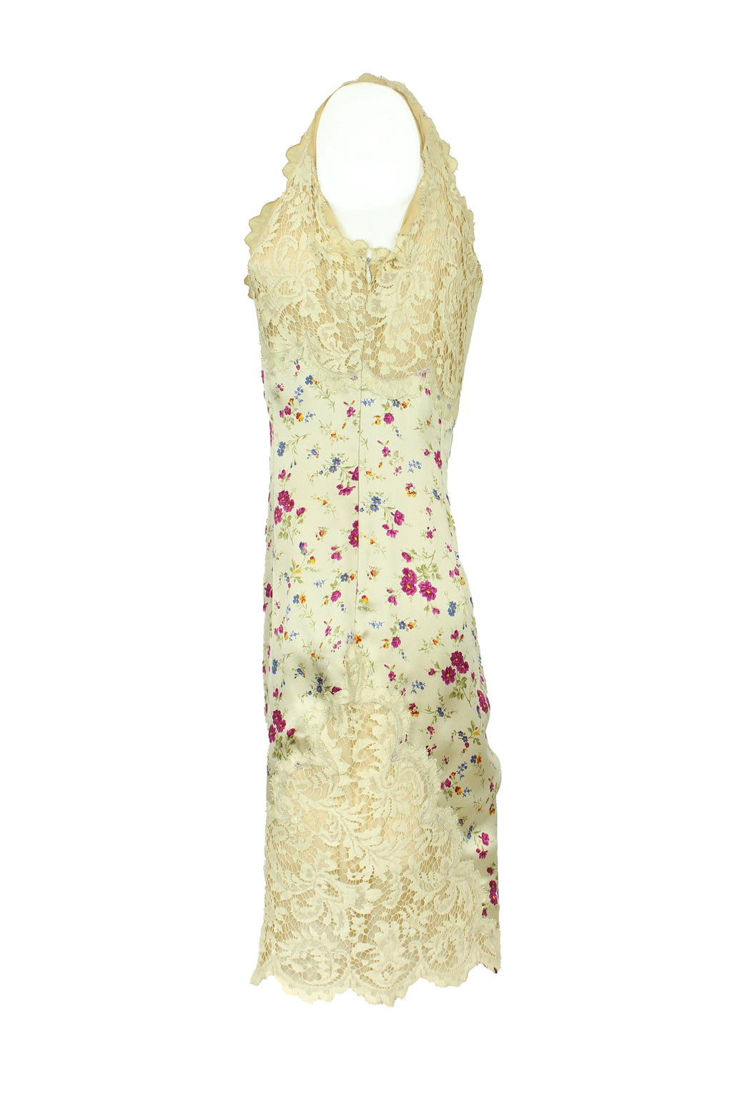 Vintage Silk Slip Dress with Lace and Floral Print