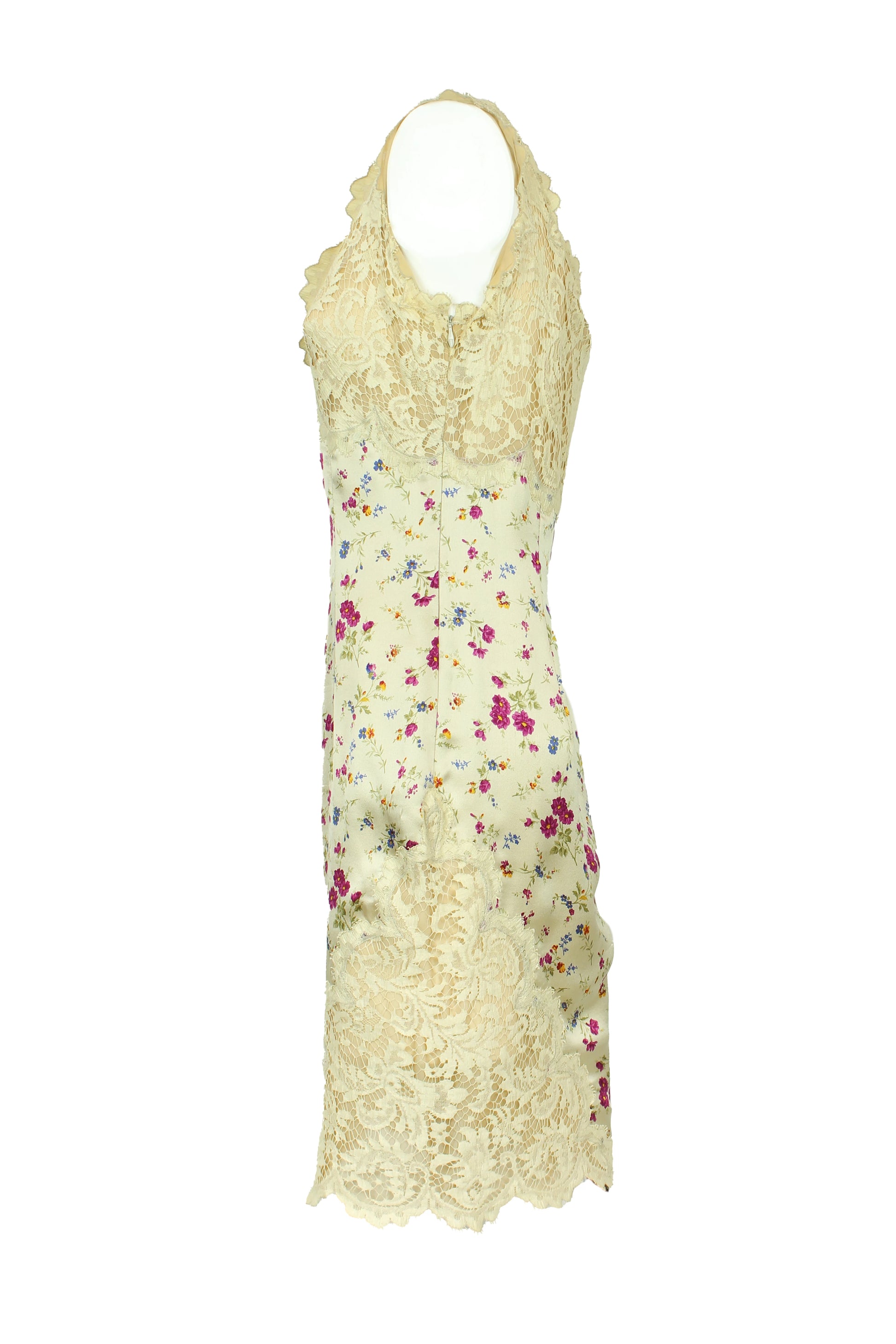 Vintage Silk Slip Dress with Lace and Floral Print