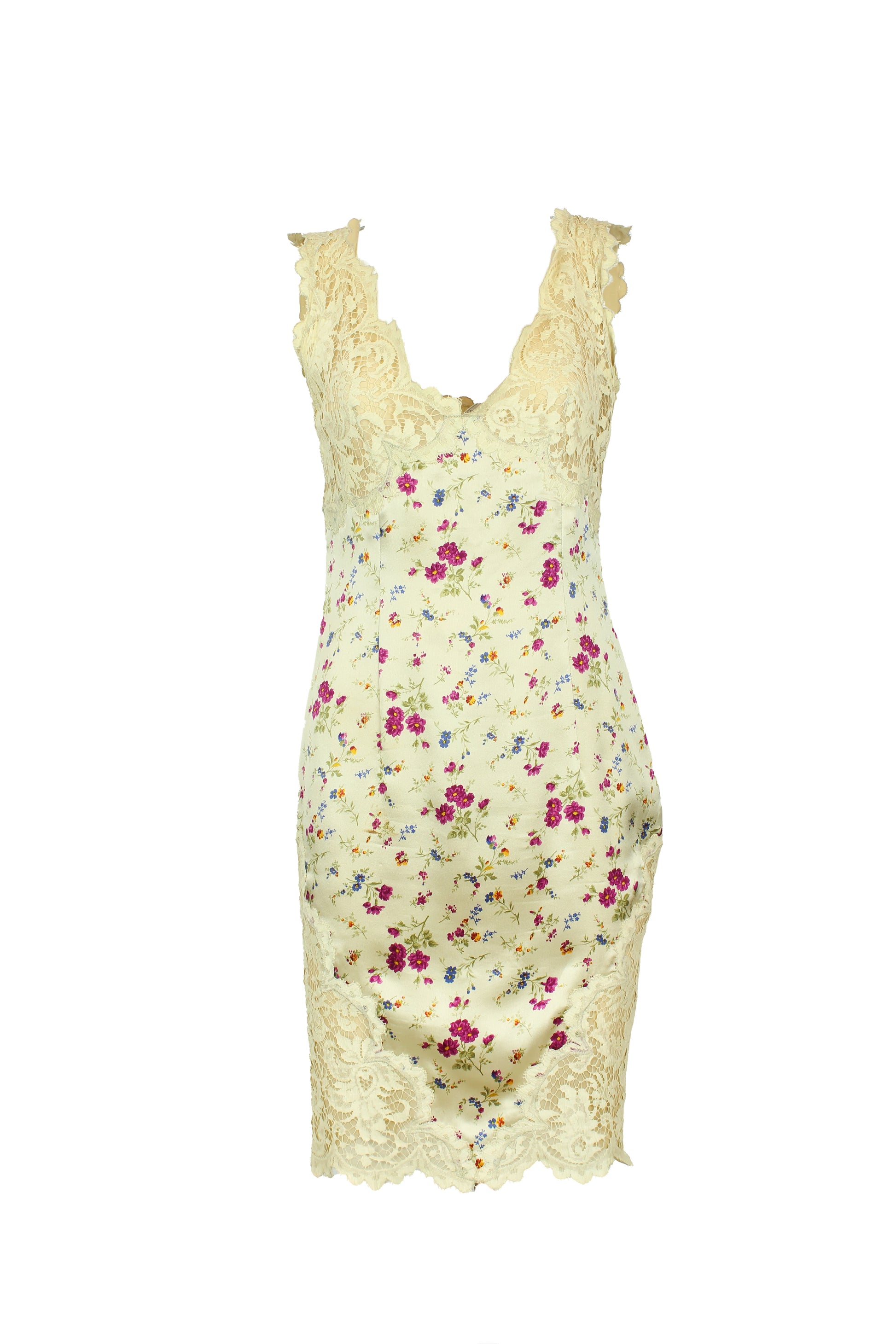 Vintage Silk Slip Dress with Lace and Floral Print