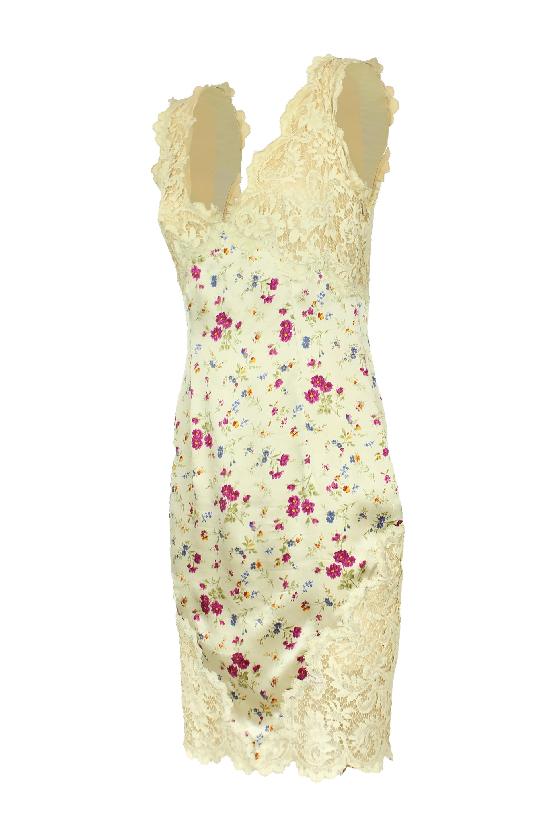 Vintage Silk Slip Dress with Lace and Floral Print