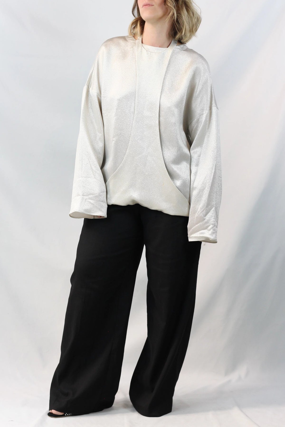 Hammered Lamé Bib Panel Blouse Silver
