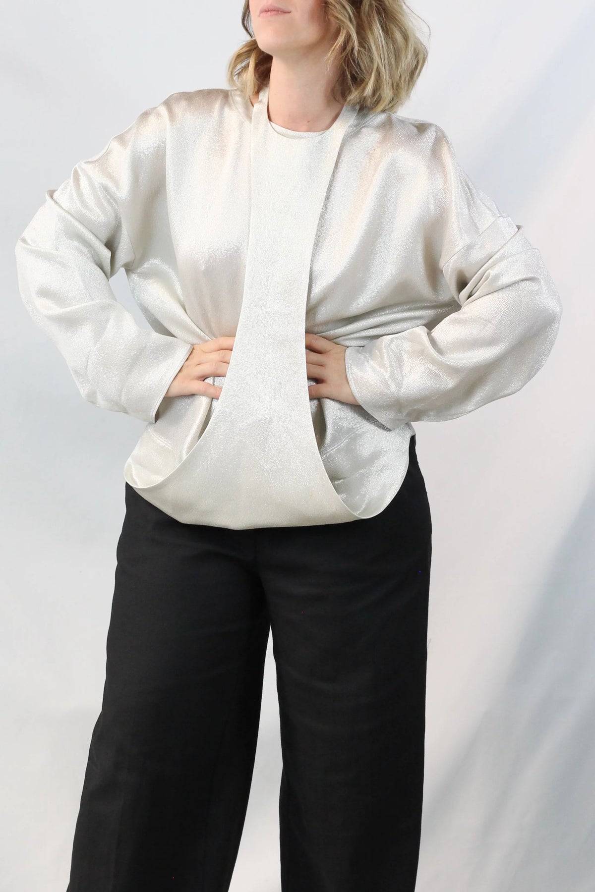 Hammered Lamé Bib Panel Blouse Silver