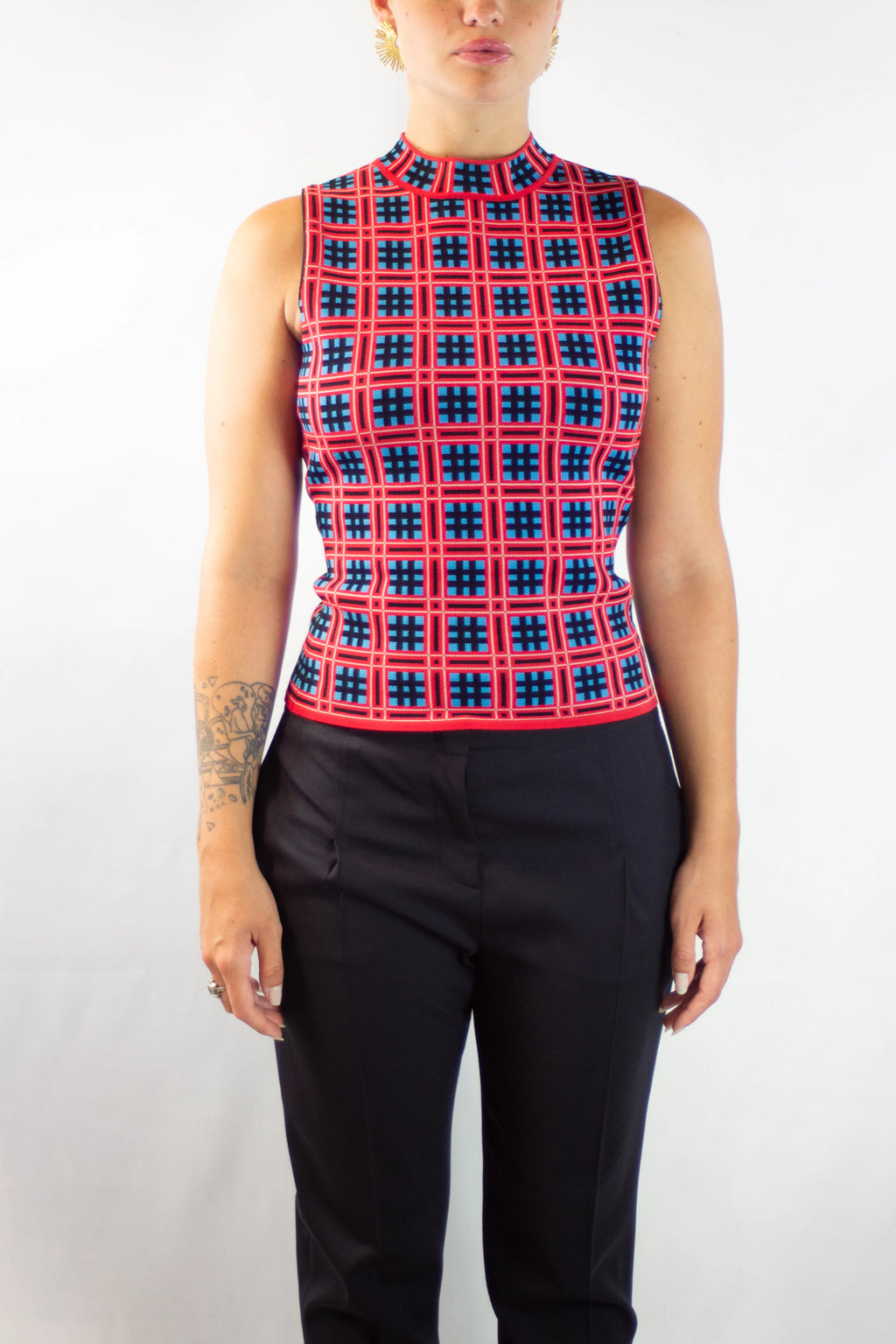 Sleeveless Top with Red and Blue Check Pattern SS2019