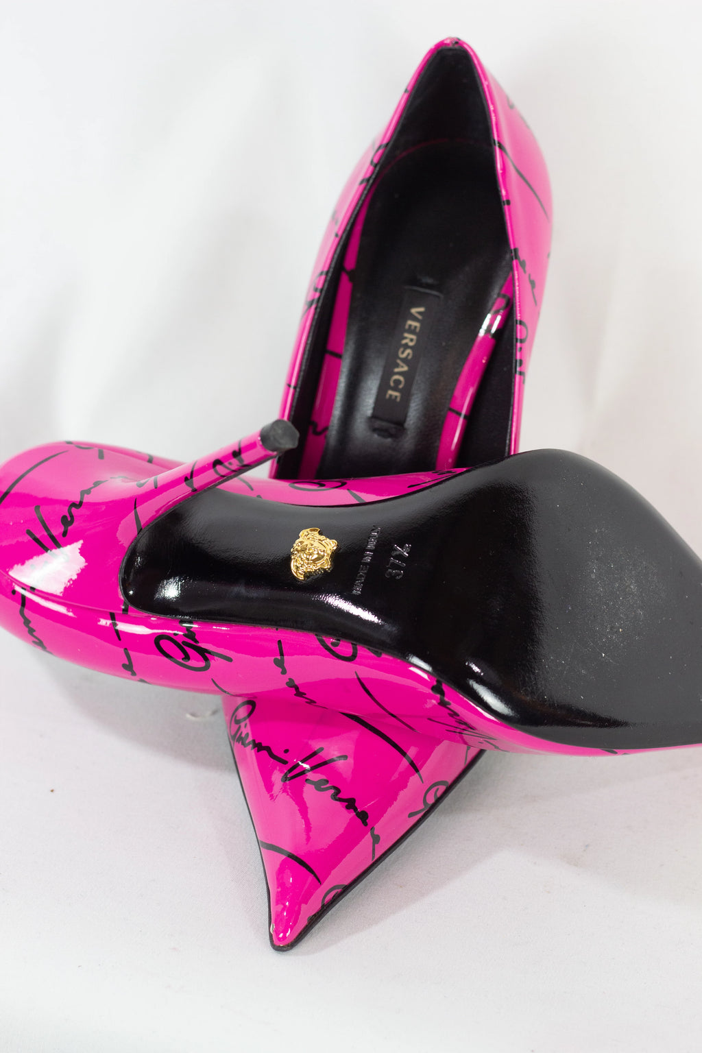 Fuchsia Patent Pumps with Gianni Versace Signature Print