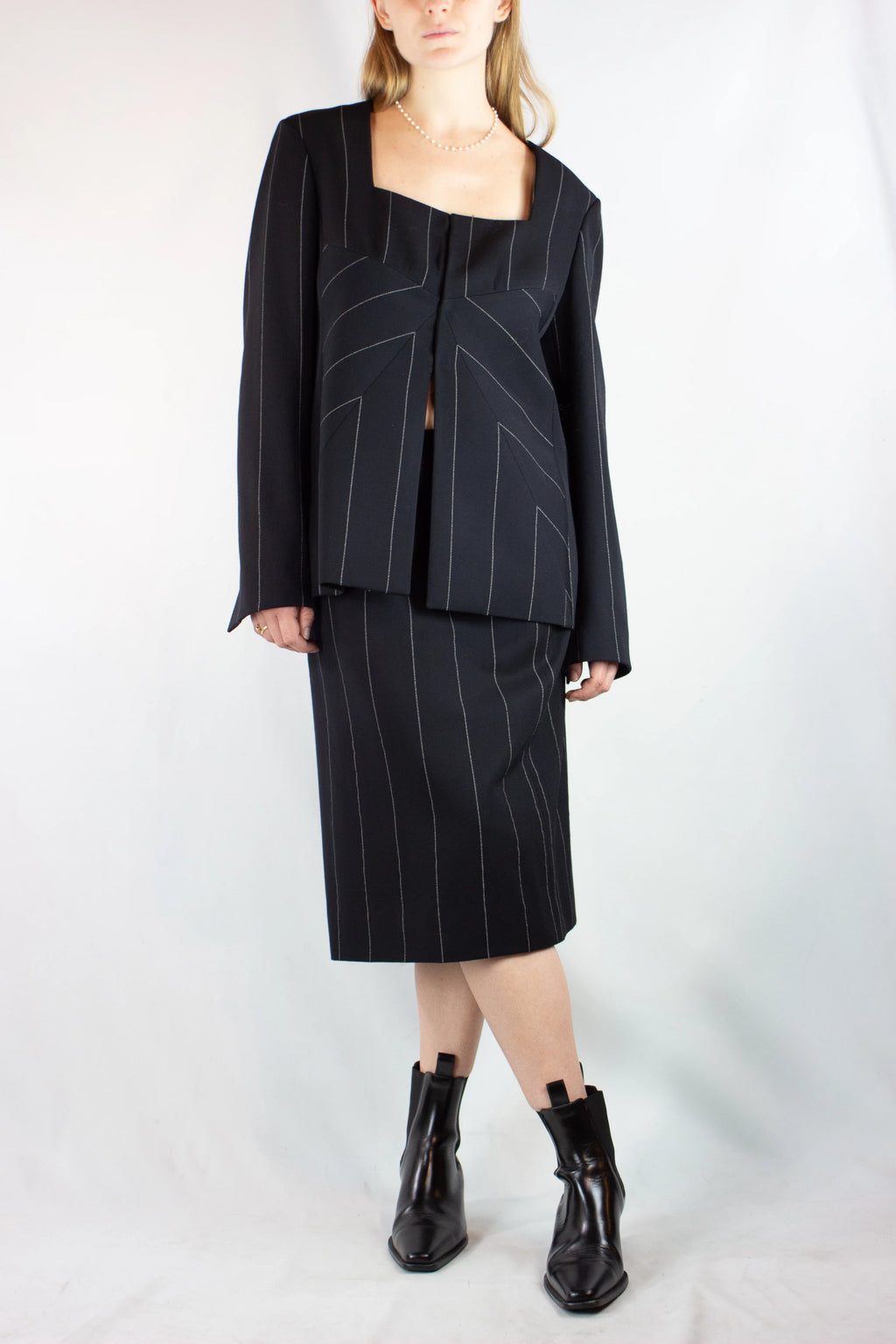 Pinstripe Wool Tailleur Skirt Suit Set FW1998
