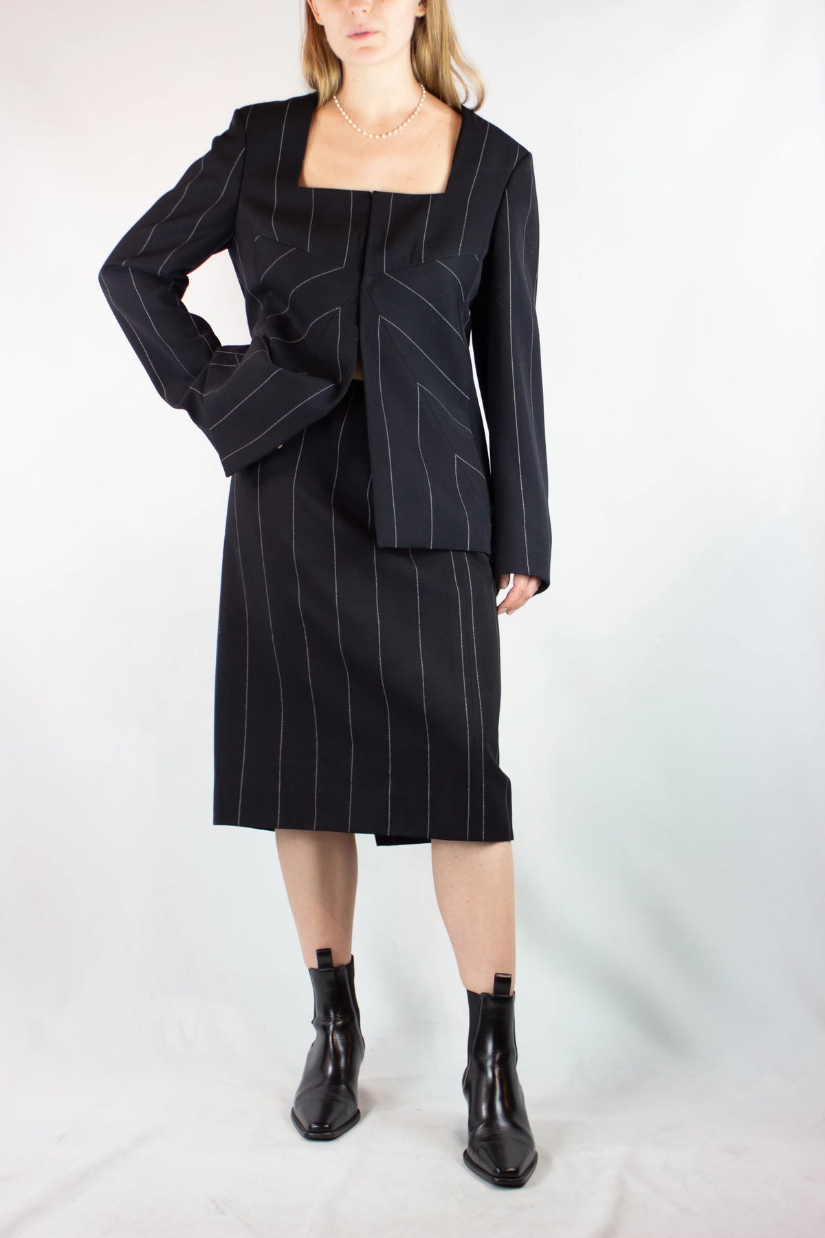 Pinstripe Wool Tailleur Skirt Suit Set FW1998