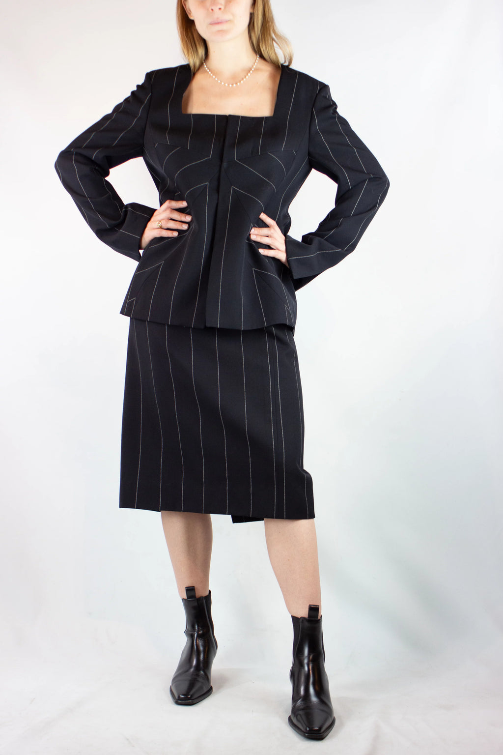 Pinstripe Wool Tailleur Skirt Suit Set FW1998