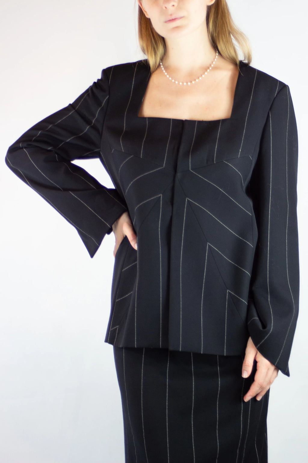 Pinstripe Wool Tailleur Skirt Suit Set FW1998