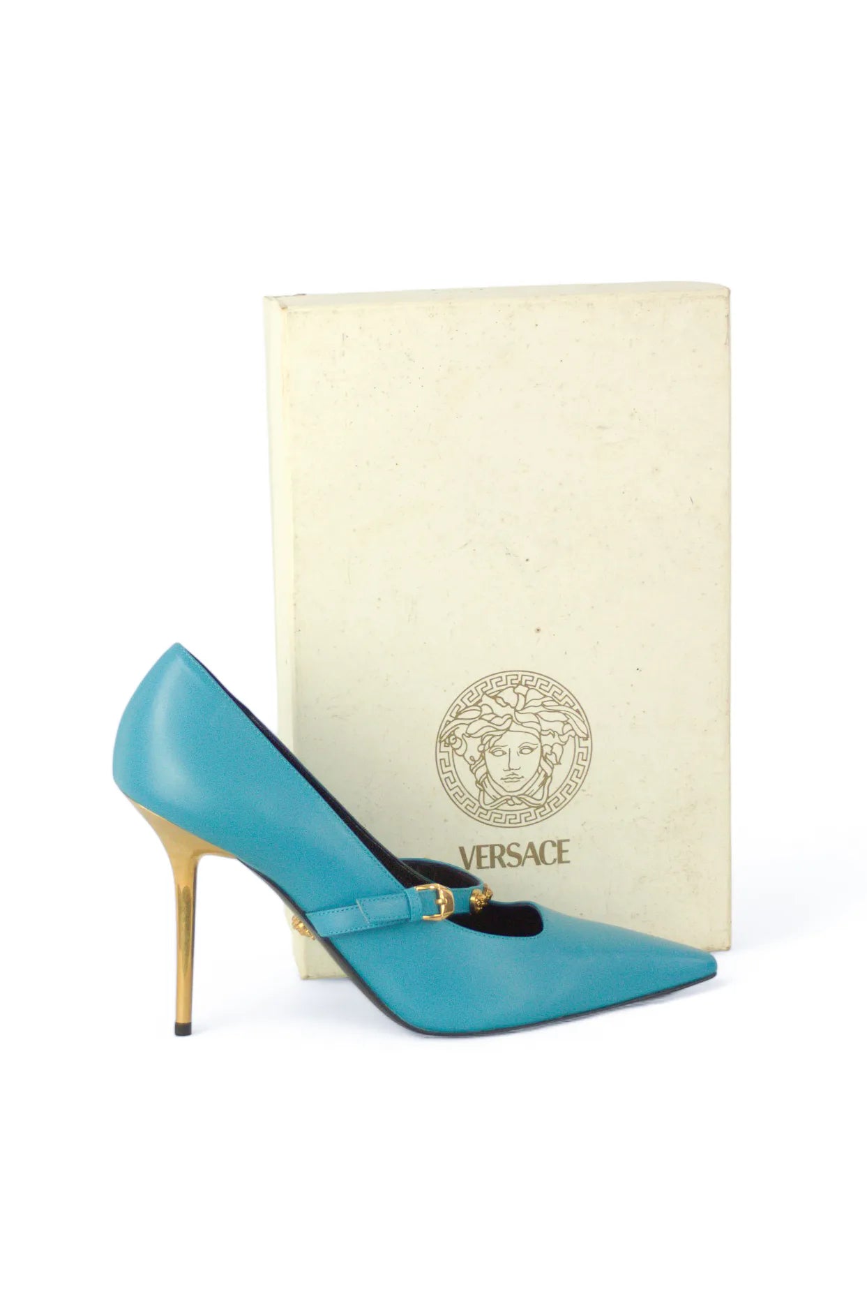 Teal pumps with Medusa logo