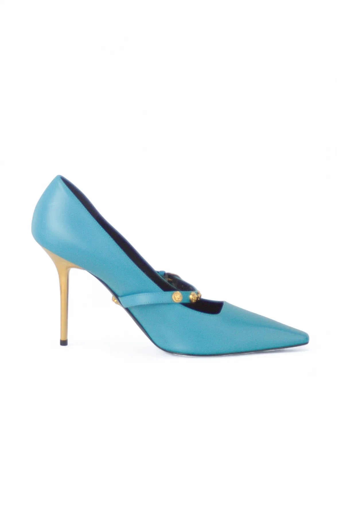 Teal pumps with Medusa logo