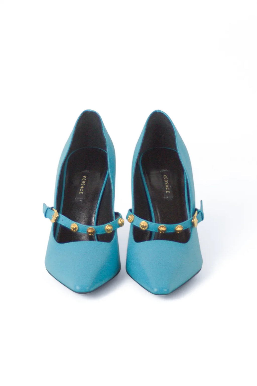Teal pumps with Medusa logo