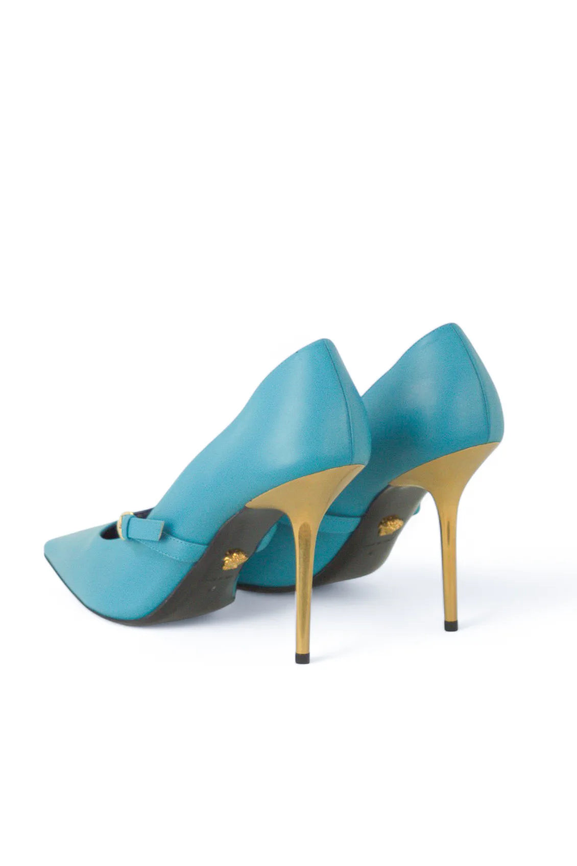 Teal pumps with Medusa logo