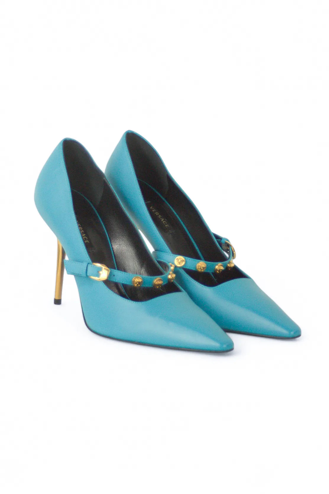 Teal pumps with Medusa logo
