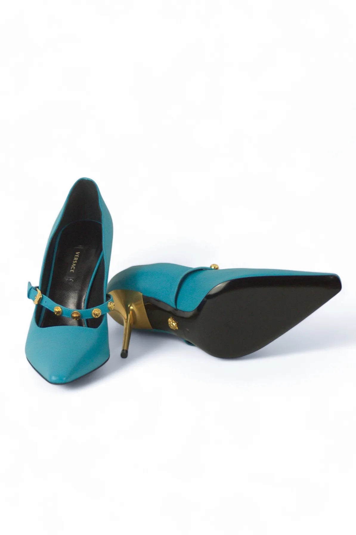 Teal pumps with Medusa logo