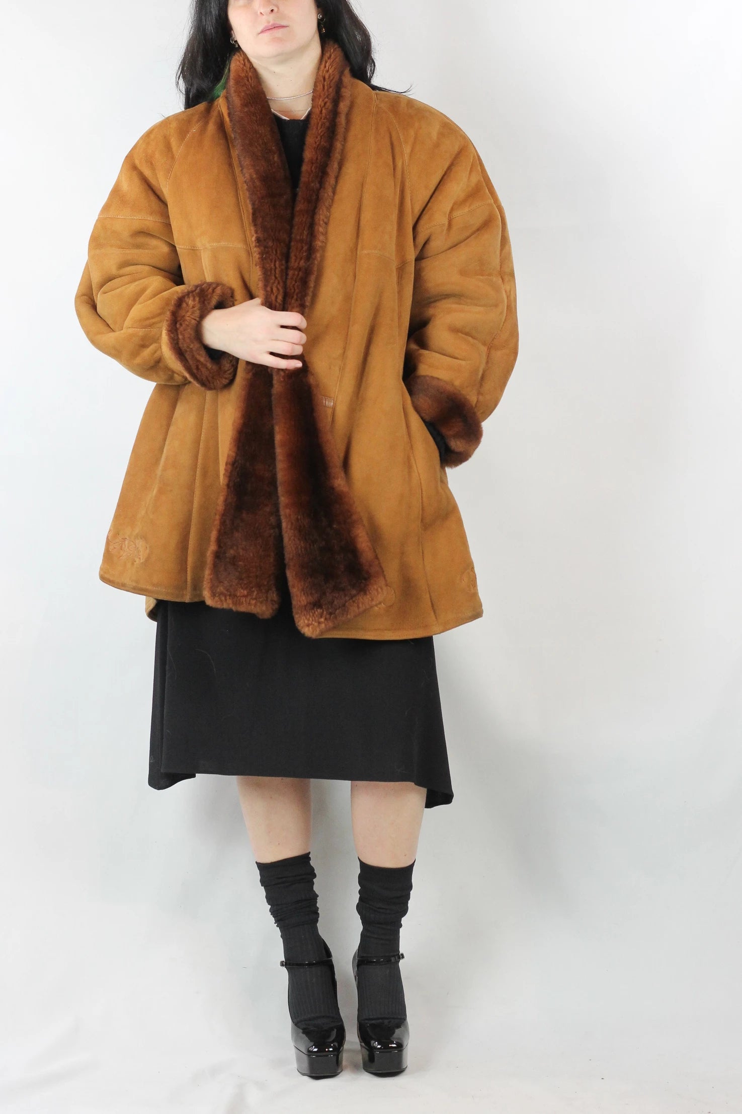 Caramel Shearling Coat with Oversized Trapeze Fit