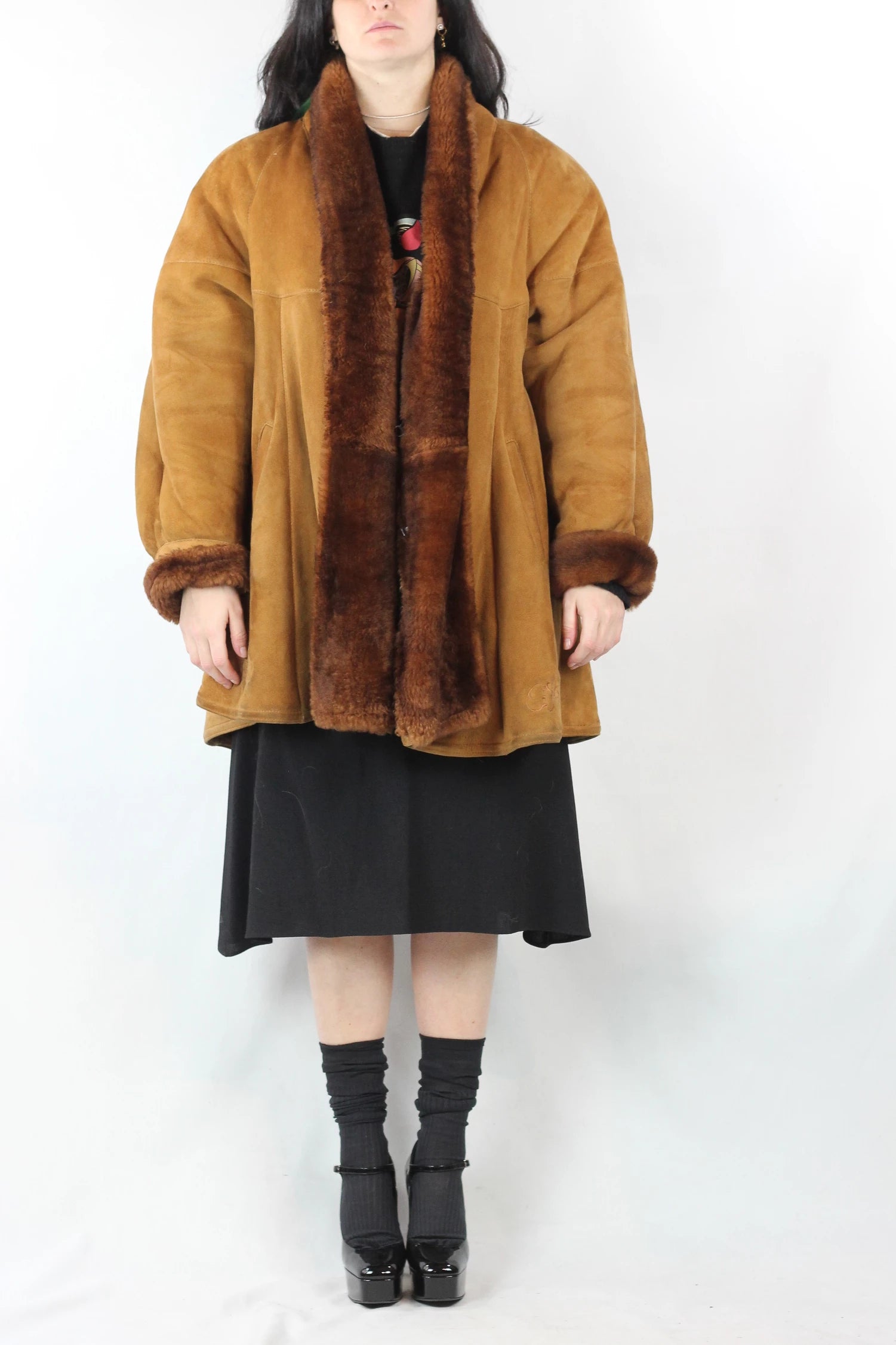 Caramel Shearling Coat with Oversized Trapeze Fit