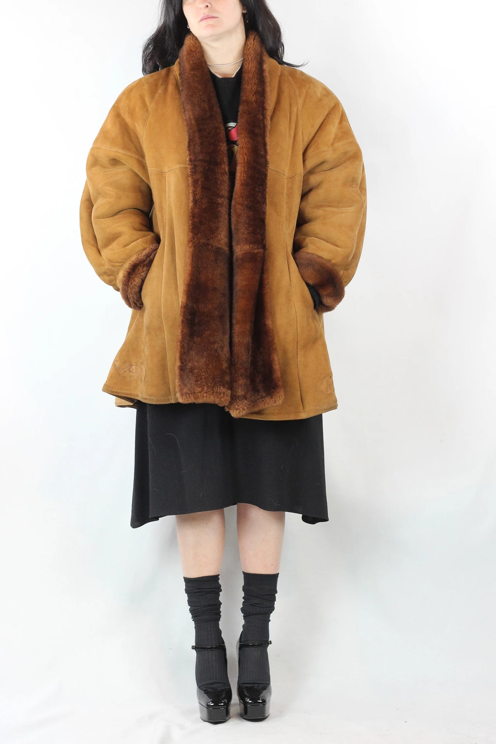 Caramel Shearling Coat with Oversized Trapeze Fit