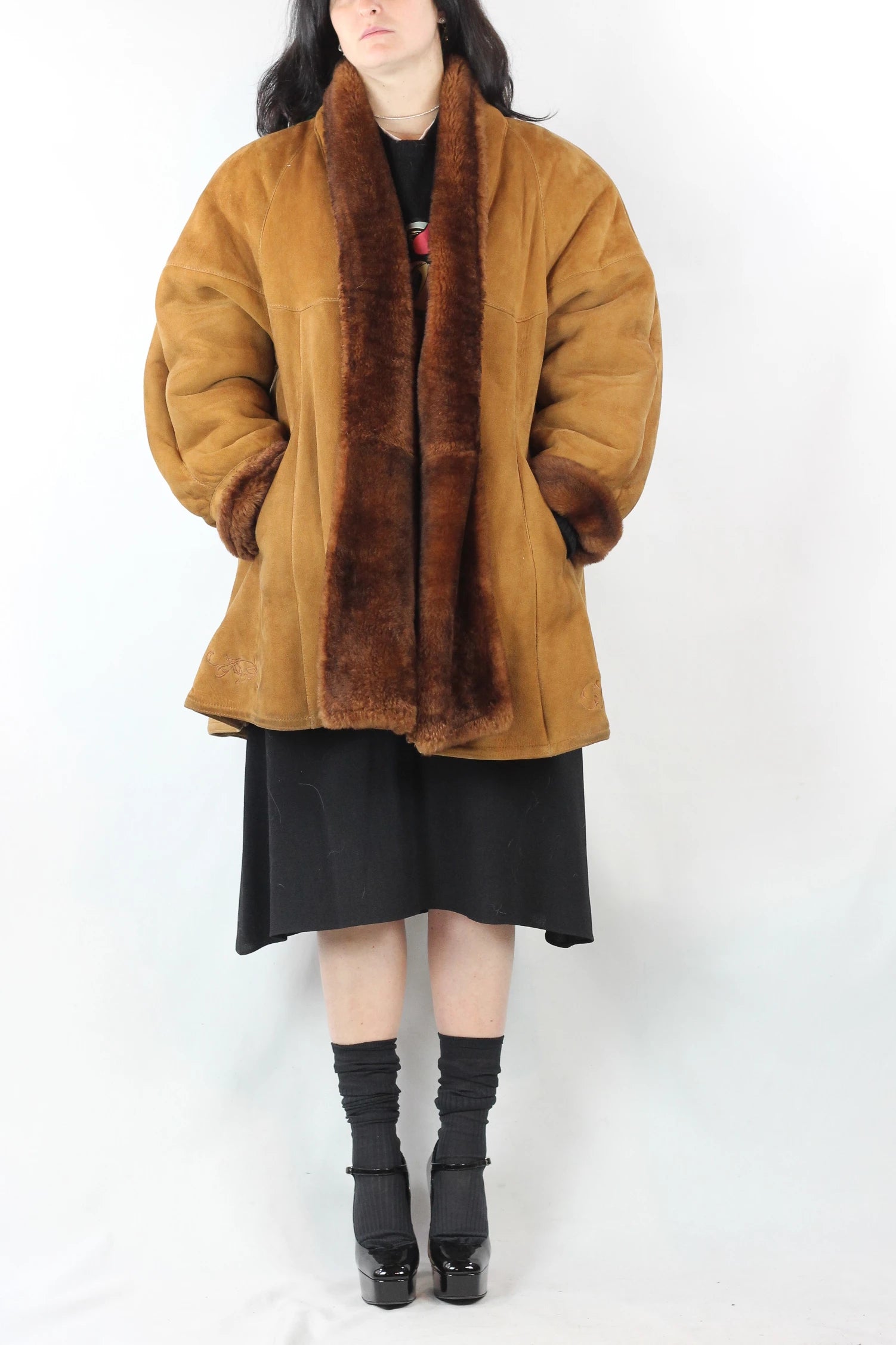 Caramel Shearling Coat with Oversized Trapeze Fit