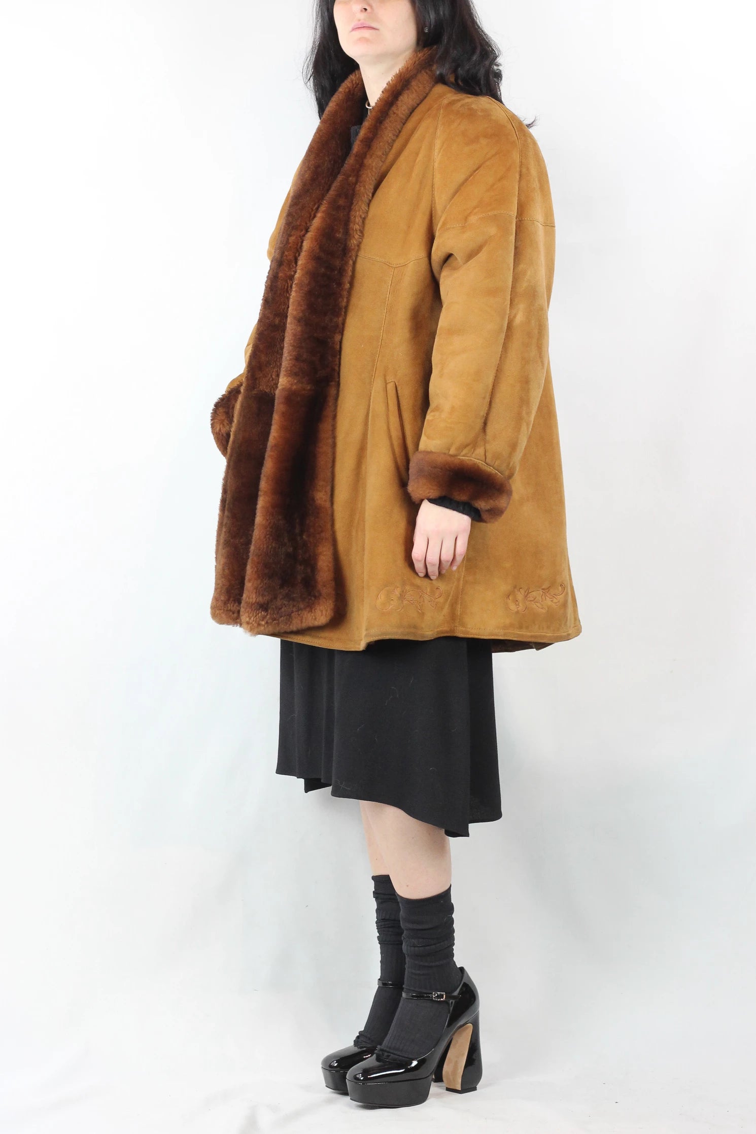 Caramel Shearling Coat with Oversized Trapeze Fit